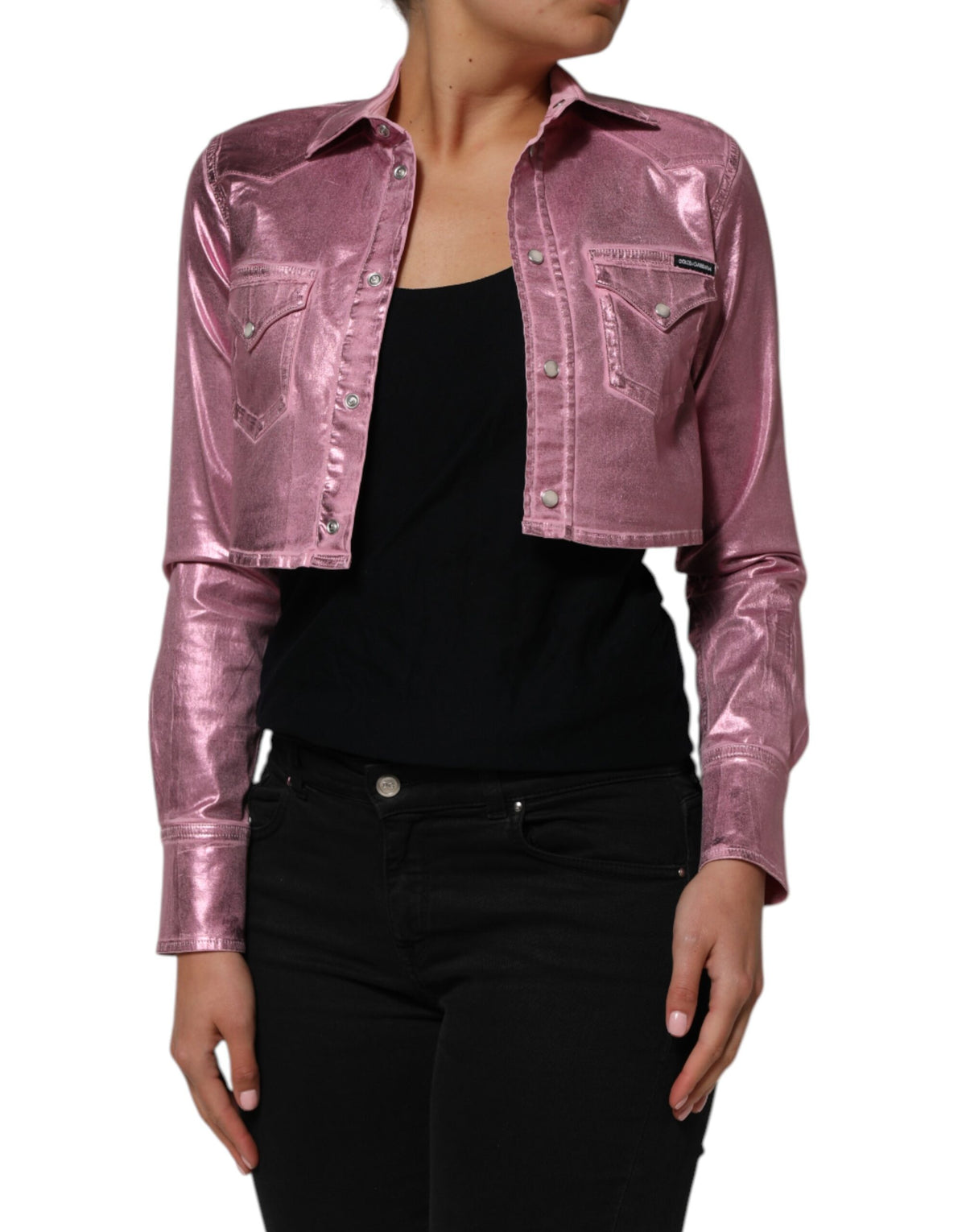Pre-Owned Dolce & Gabbana Pink Cotton Stretch Collared Cropped Jacket Women's - Very Good