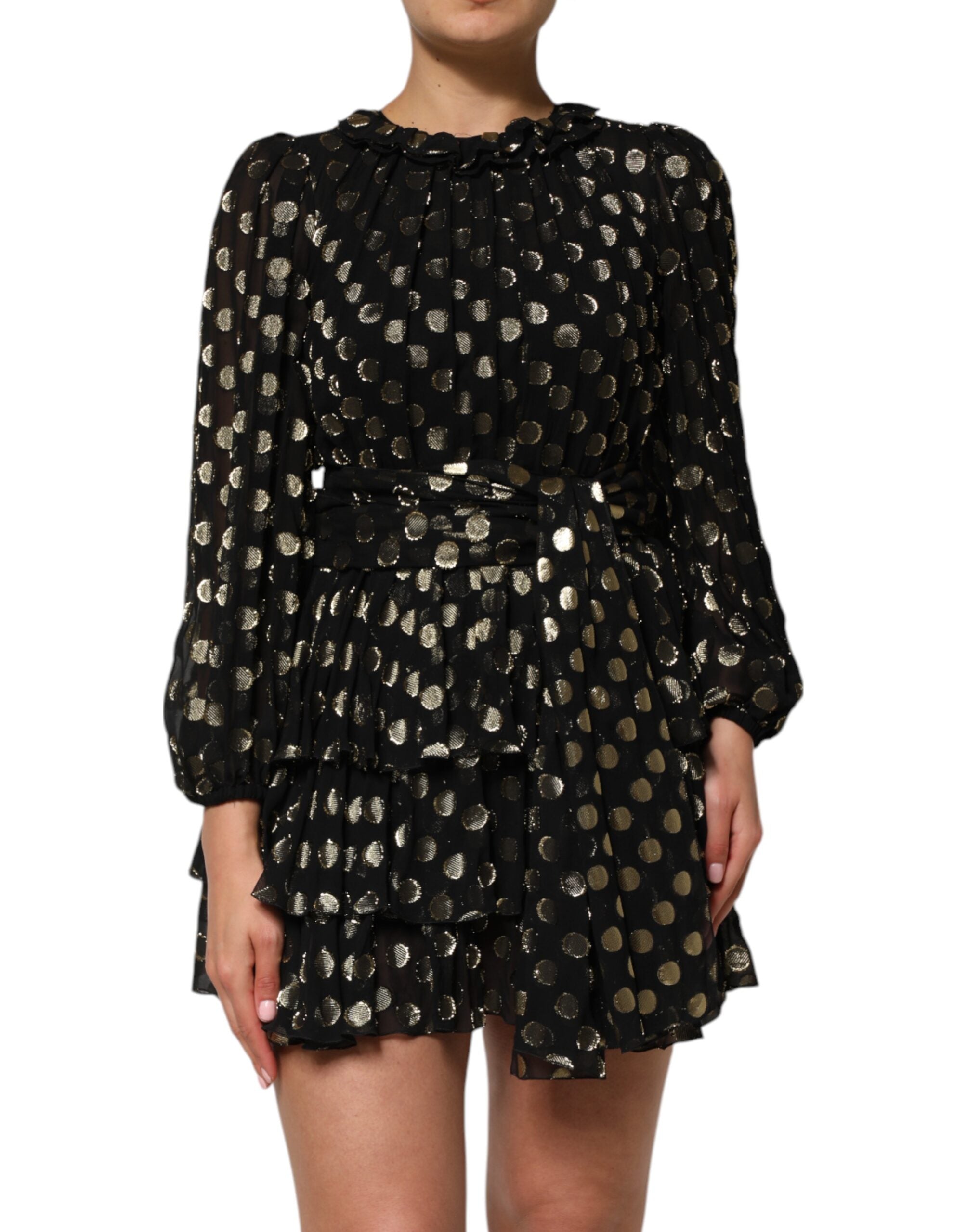 Dolce & Gabbana Dark Gray Gold Polka Dot Silk Brocade Mini Dress