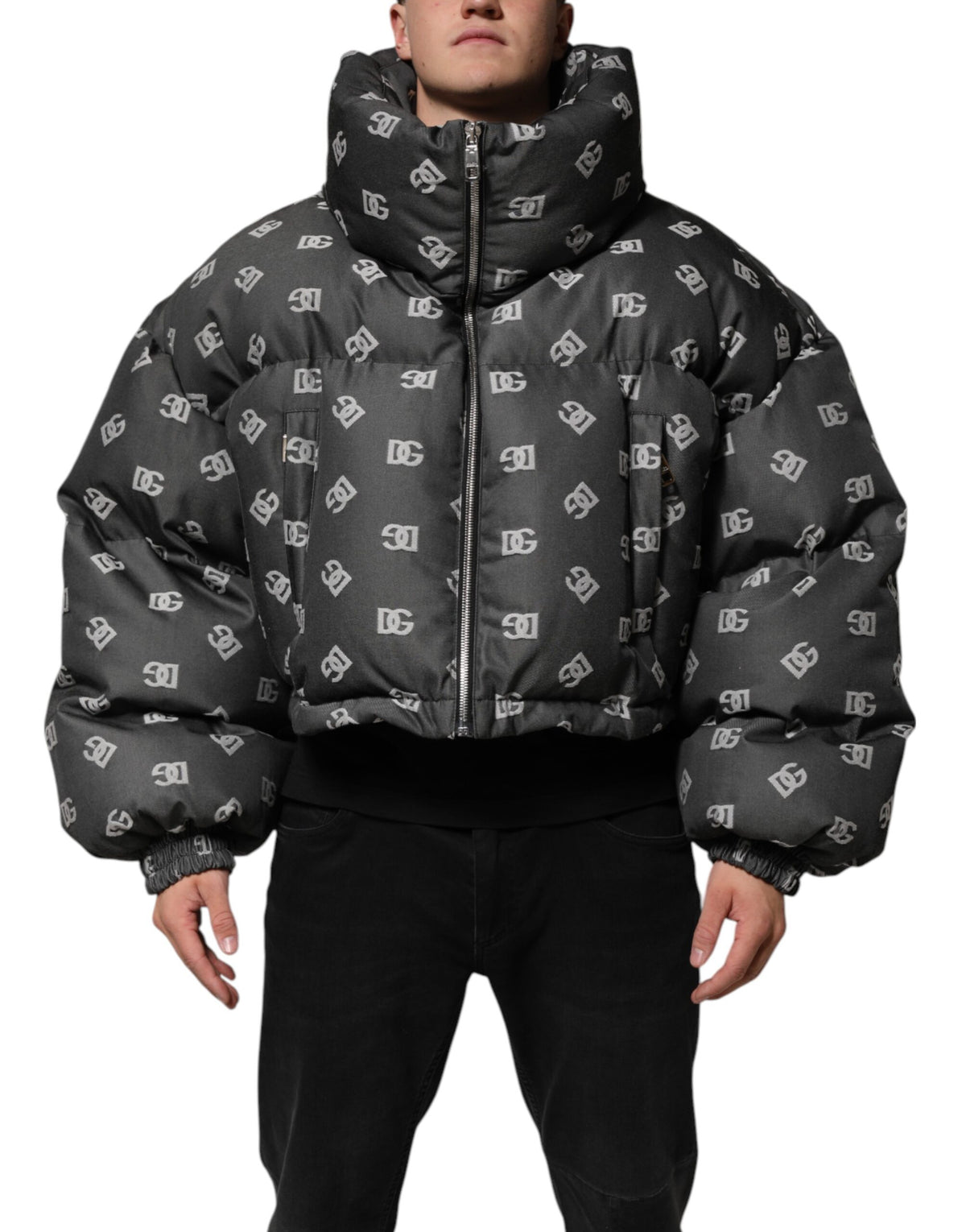 New Dolce & Gabbana Black DG Monogram Full Zip Puffer Men Jacket