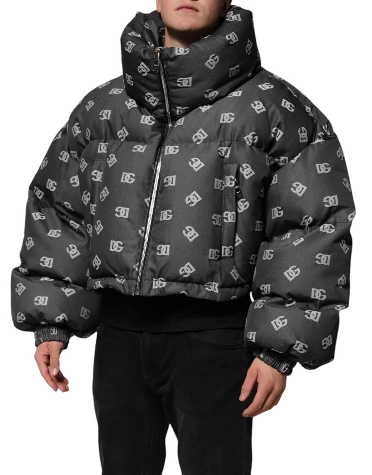 New Dolce & Gabbana Black DG Monogram Full Zip Puffer Men Jacket