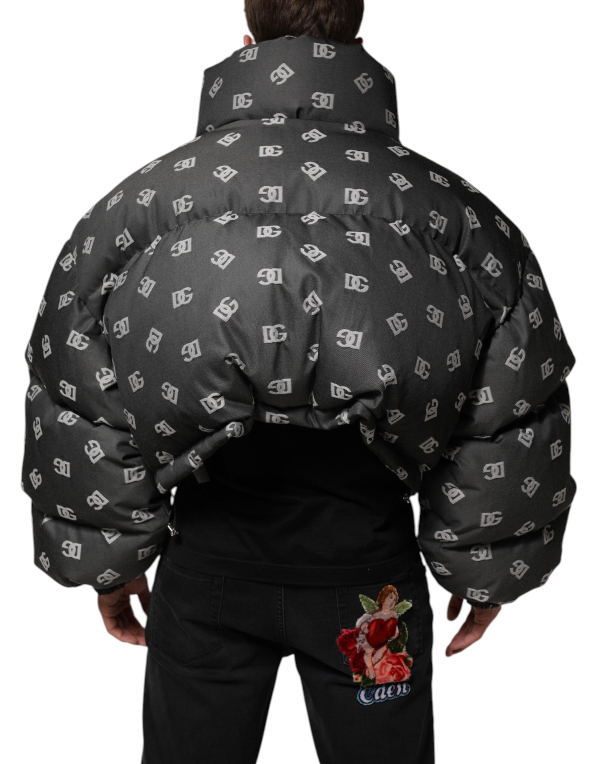 New Dolce & Gabbana Black DG Monogram Full Zip Puffer Men Jacket