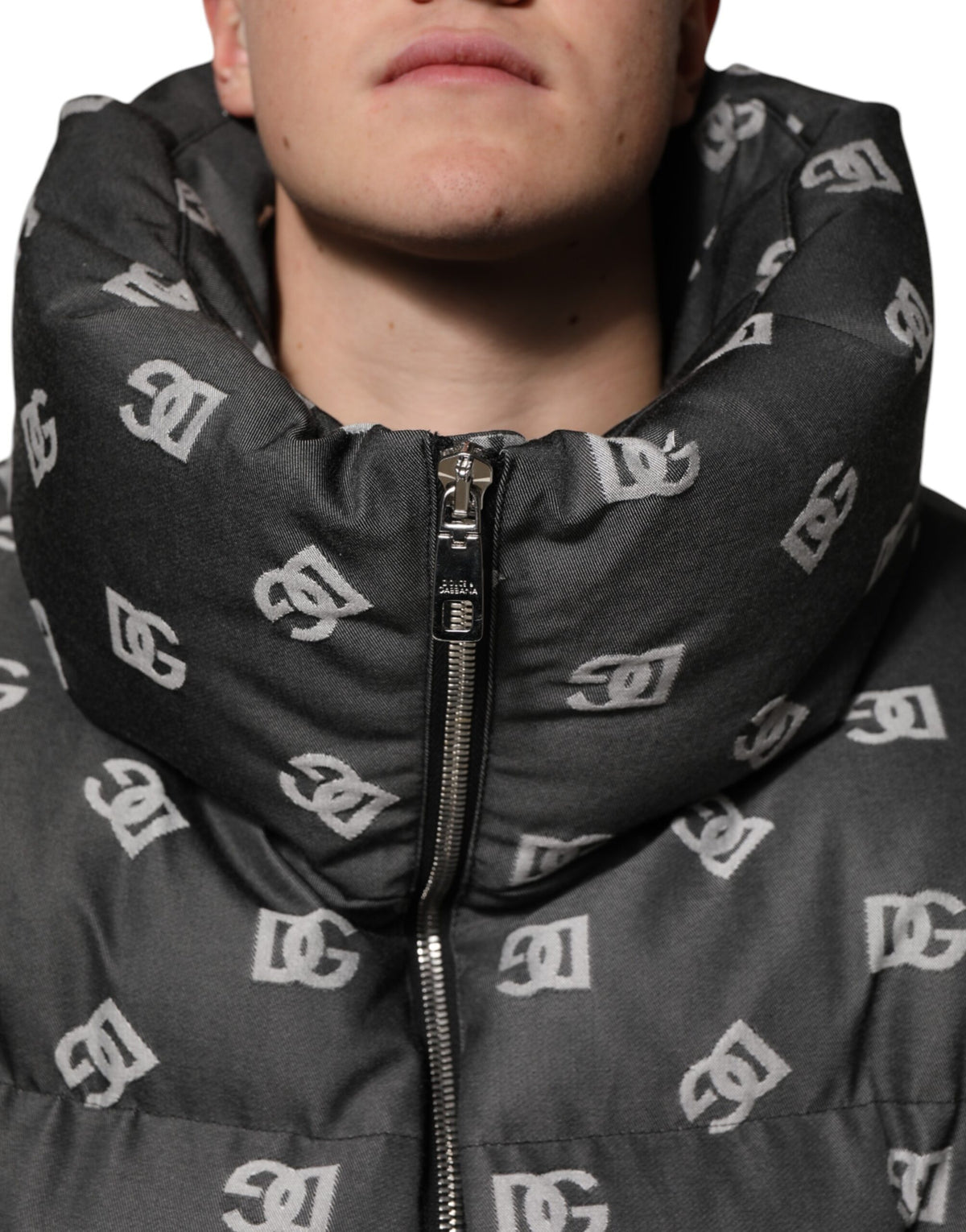 New Dolce & Gabbana Black DG Monogram Full Zip Puffer Men Jacket