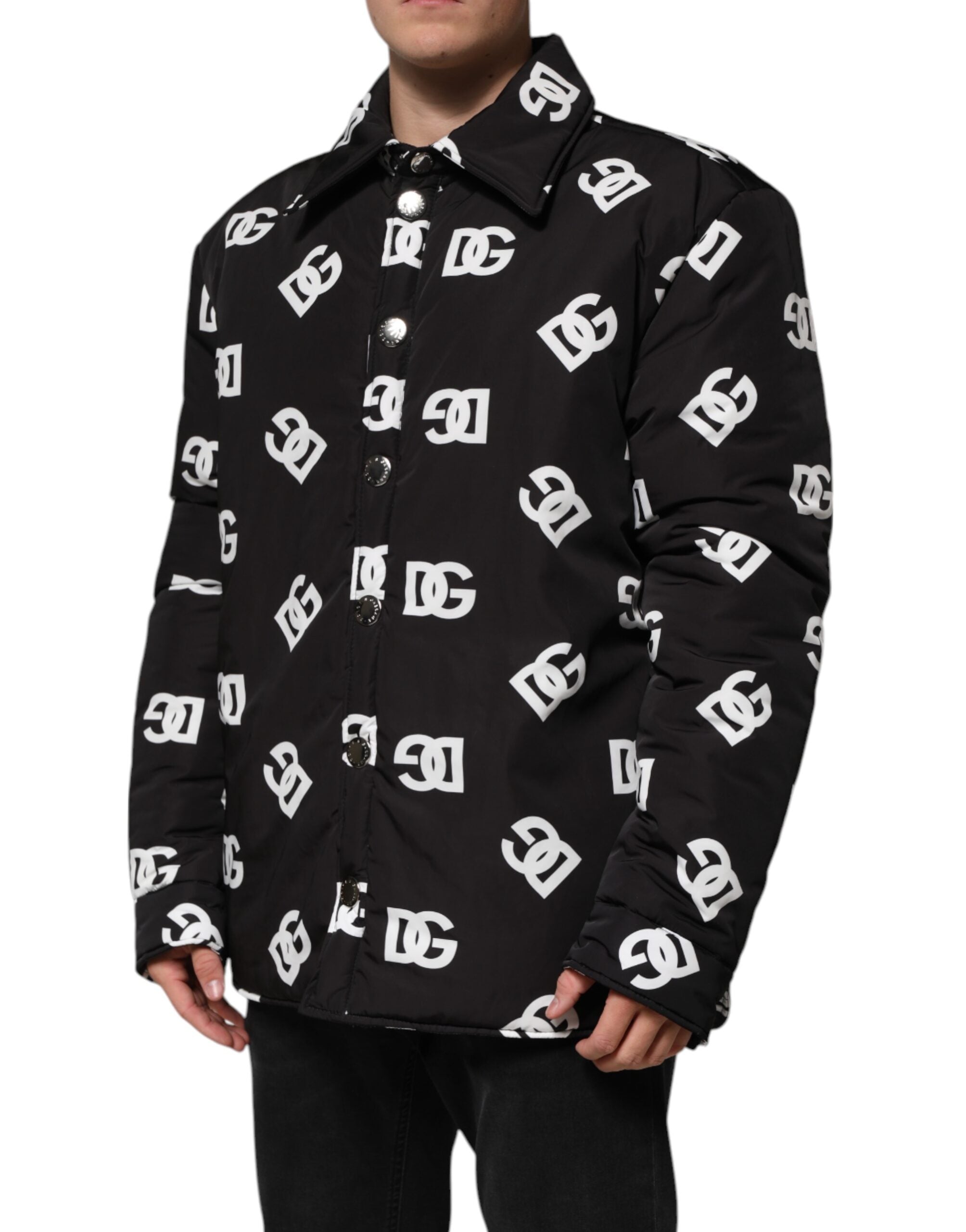 New Dolce & Gabbana Black DG Monogram Nylon Windbreaker Jacket