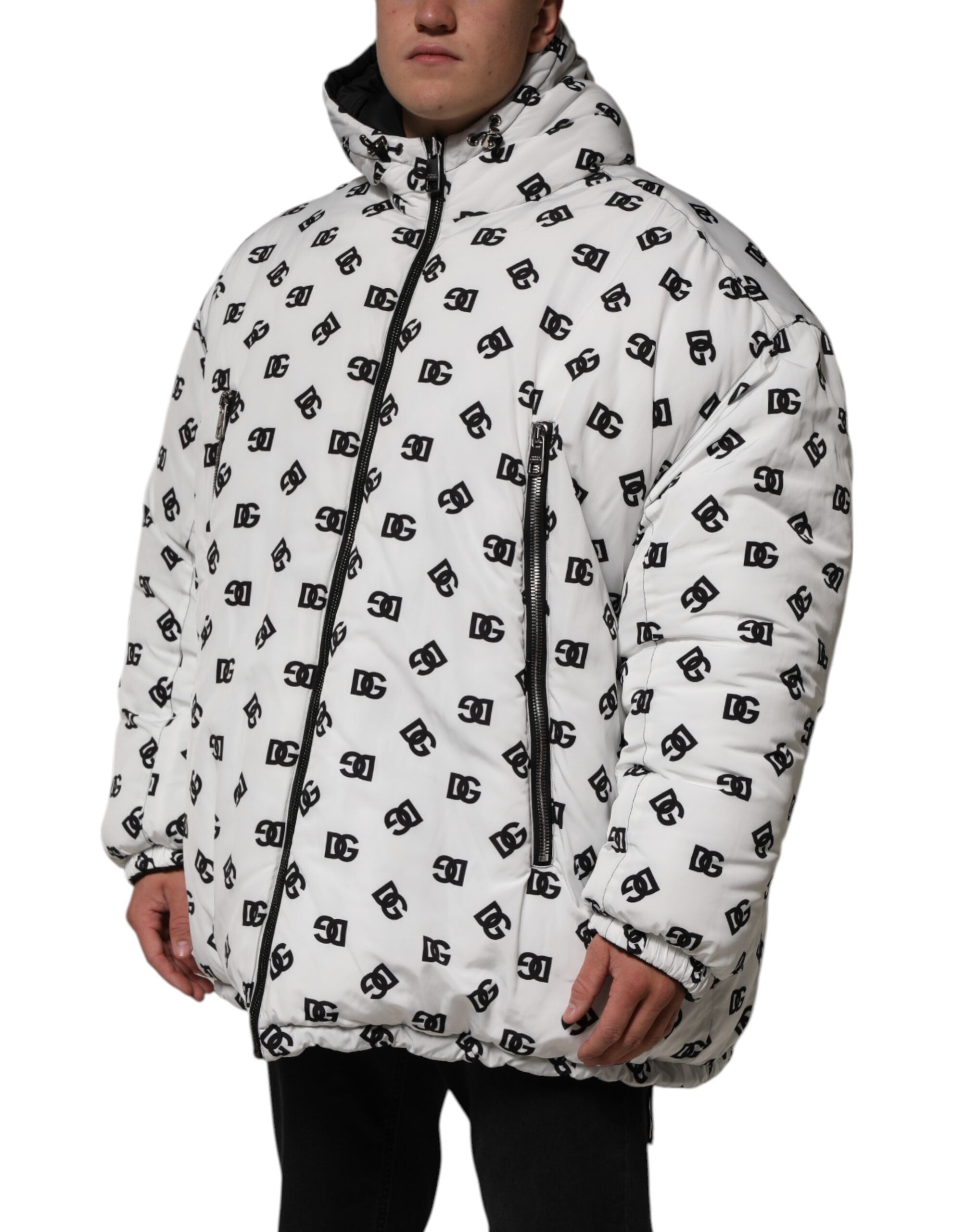 New Dolce & Gabbana White DG Monogram Hooded Puffer Jacket