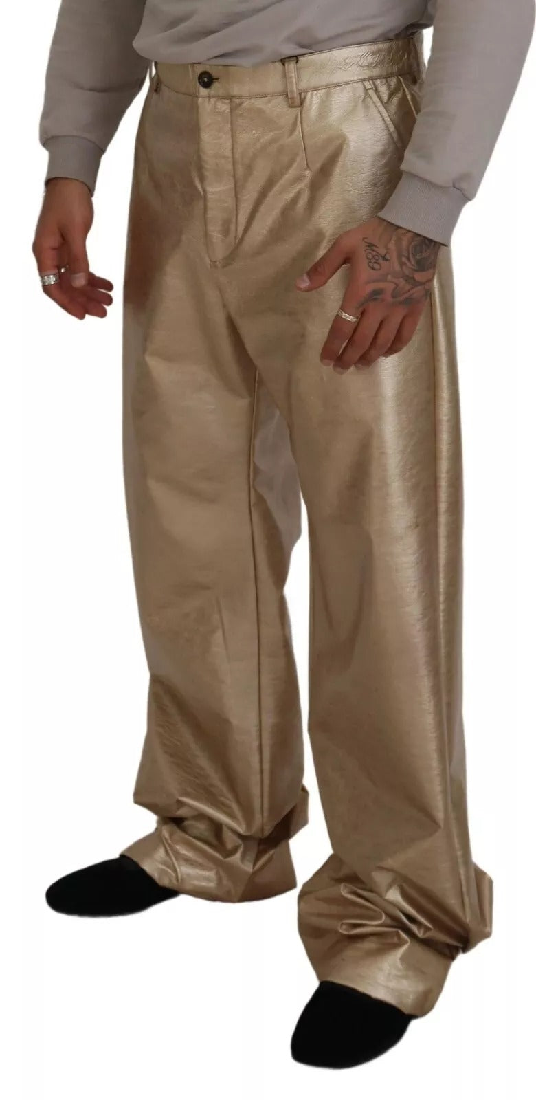 Dolce & Gabbana Metallic Gold Polyester Straight Trouser Pants