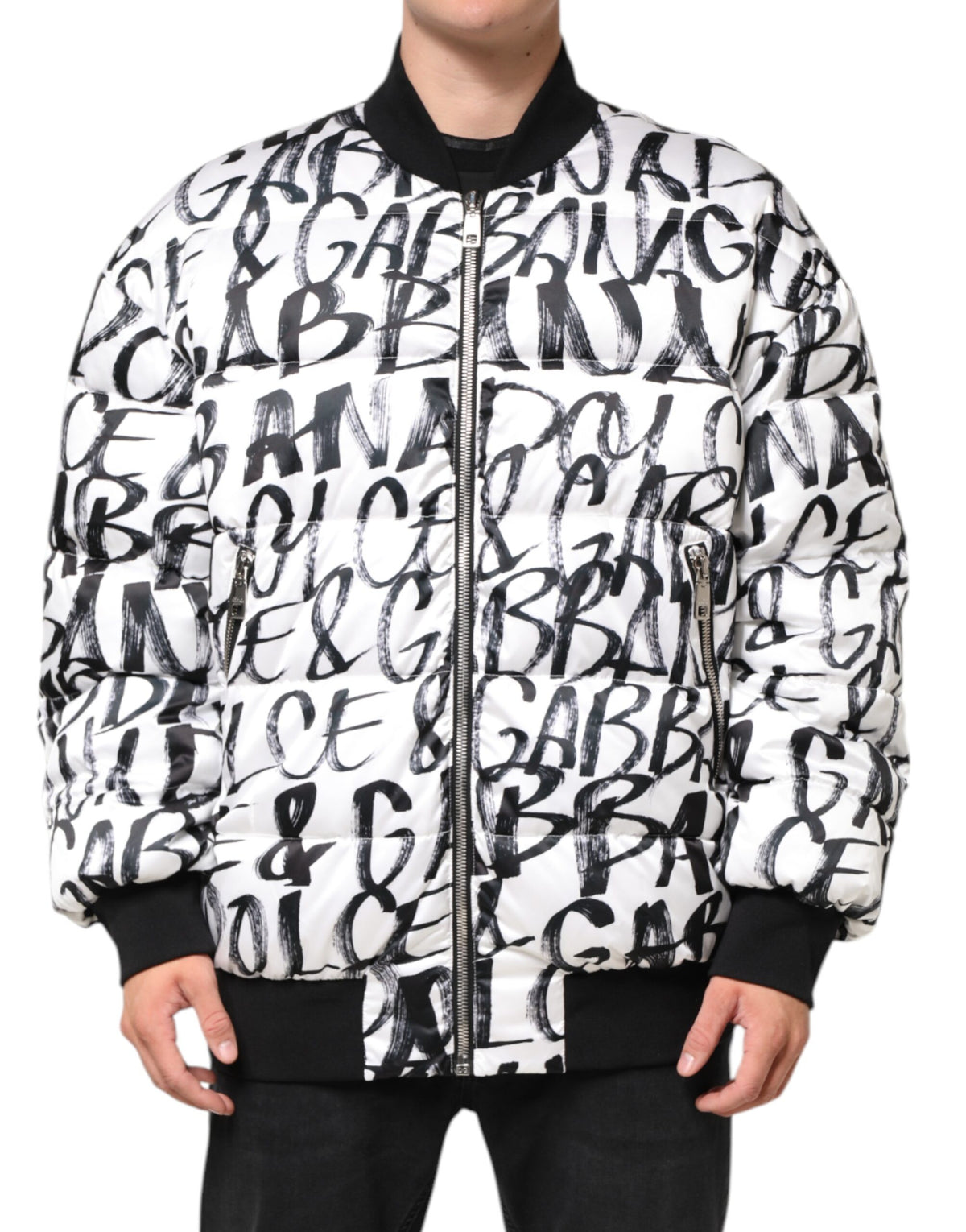 New Dolce & Gabbana White Black Graffiti Logo Puffer Bomber Jacket