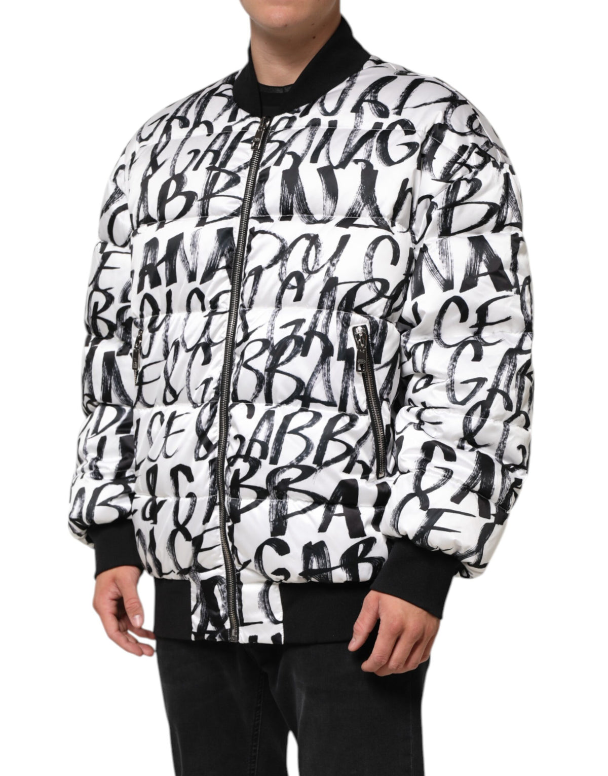 New Dolce & Gabbana White Black Graffiti Logo Puffer Bomber Jacket