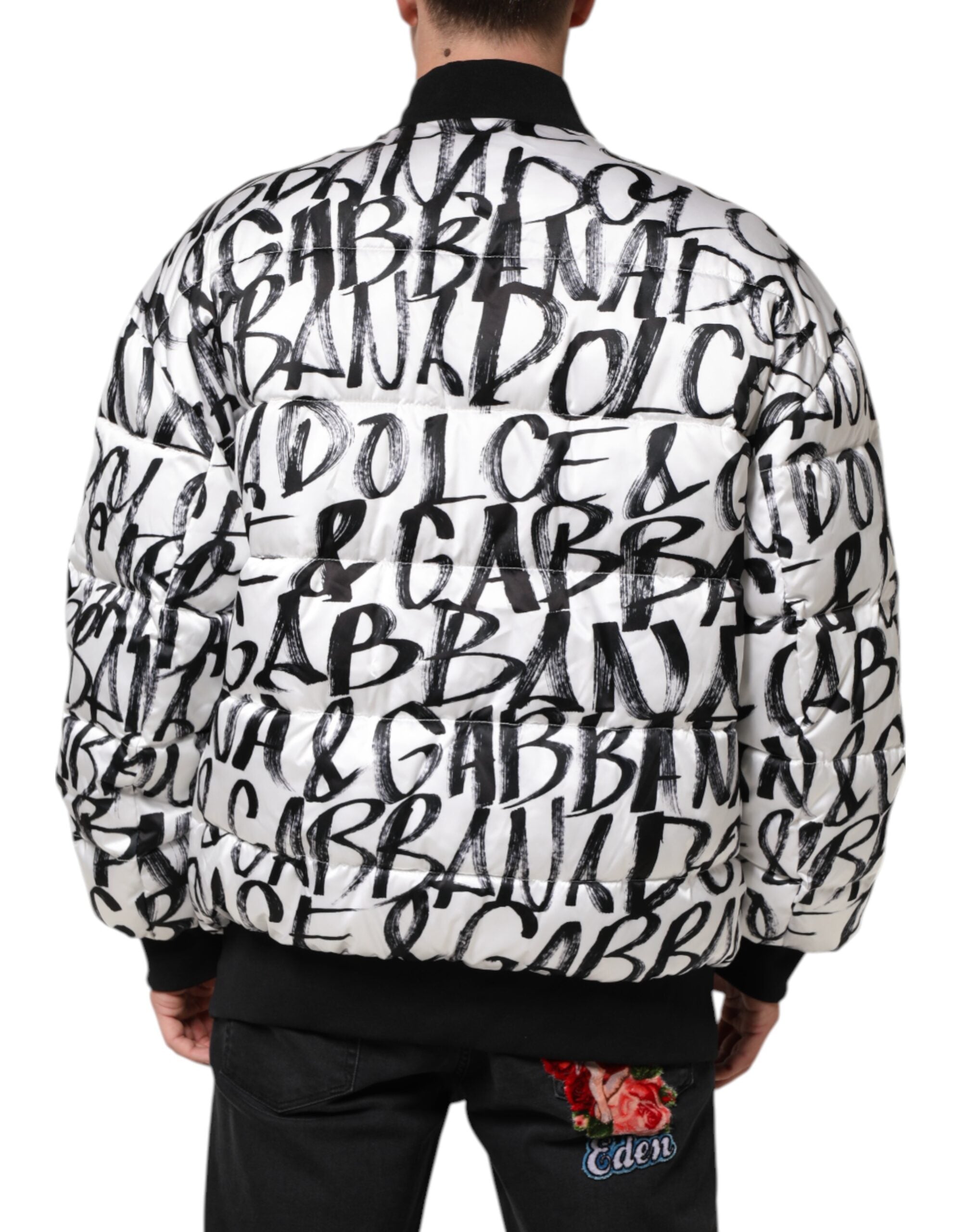New Dolce & Gabbana White Black Graffiti Logo Puffer Bomber Jacket