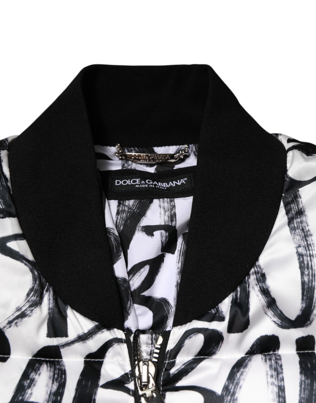 New Dolce & Gabbana White Black Graffiti Logo Puffer Bomber Jacket