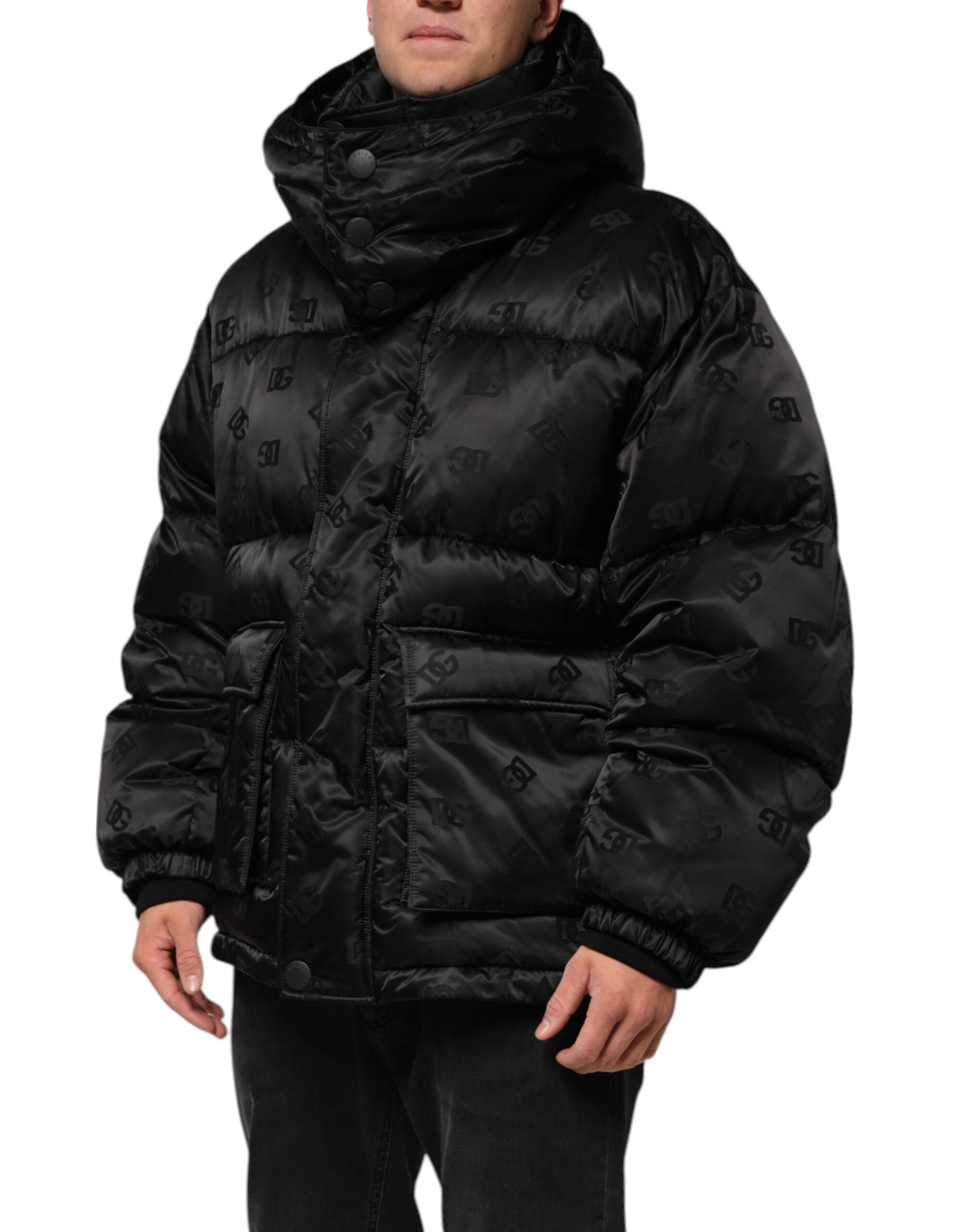 Pre-Owned Dolce & Gabbana Black Monogram Logo Puffer Nylon Hooded Jacket Men's - Very Good