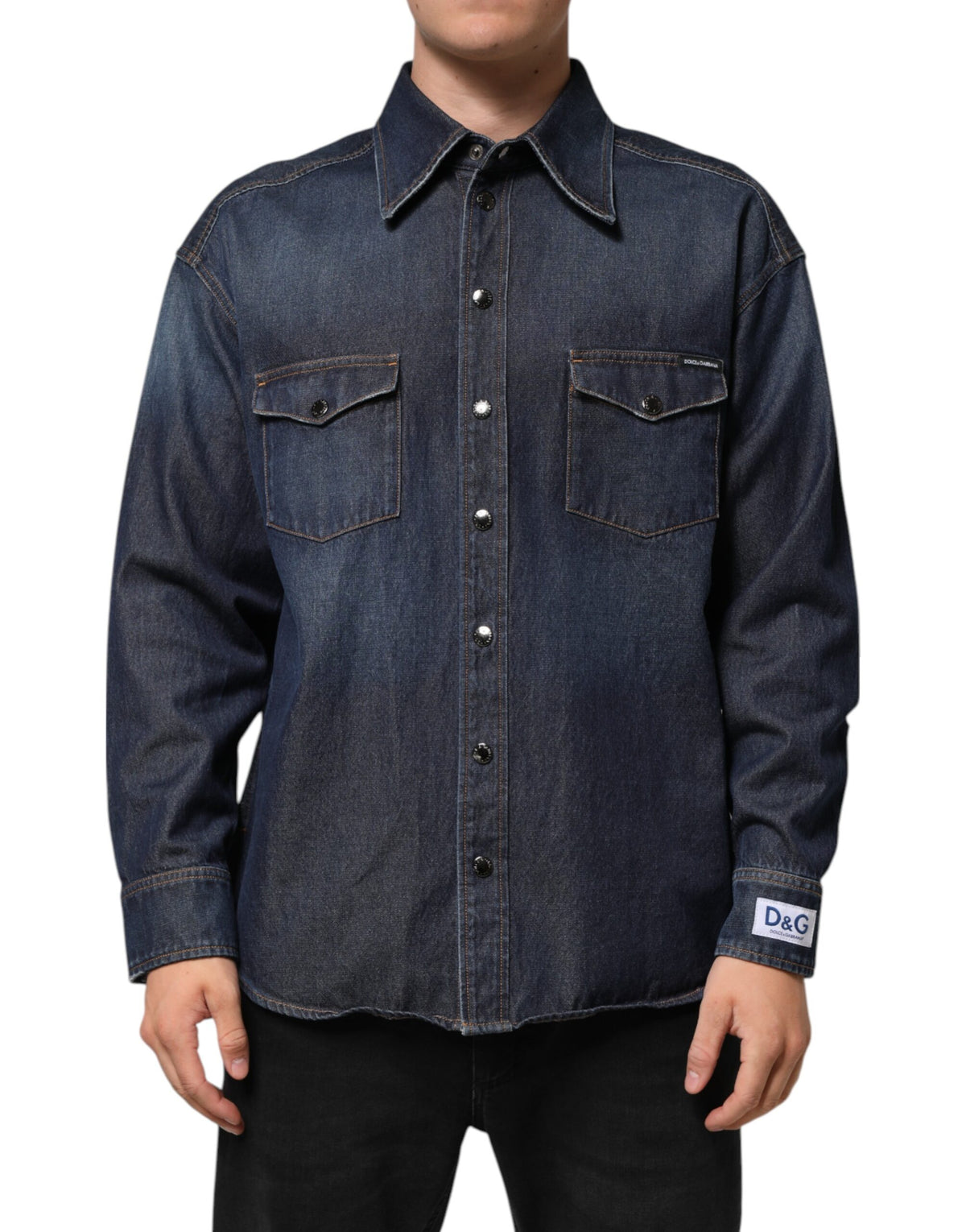 New Dolce & Gabbana Blue Denim Button Casual Logo Patch Men Shirt