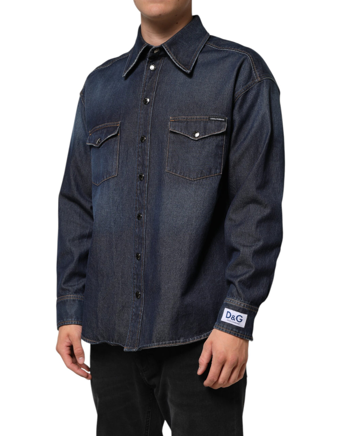 New Dolce & Gabbana Blue Denim Button Casual Logo Patch Men Shirt