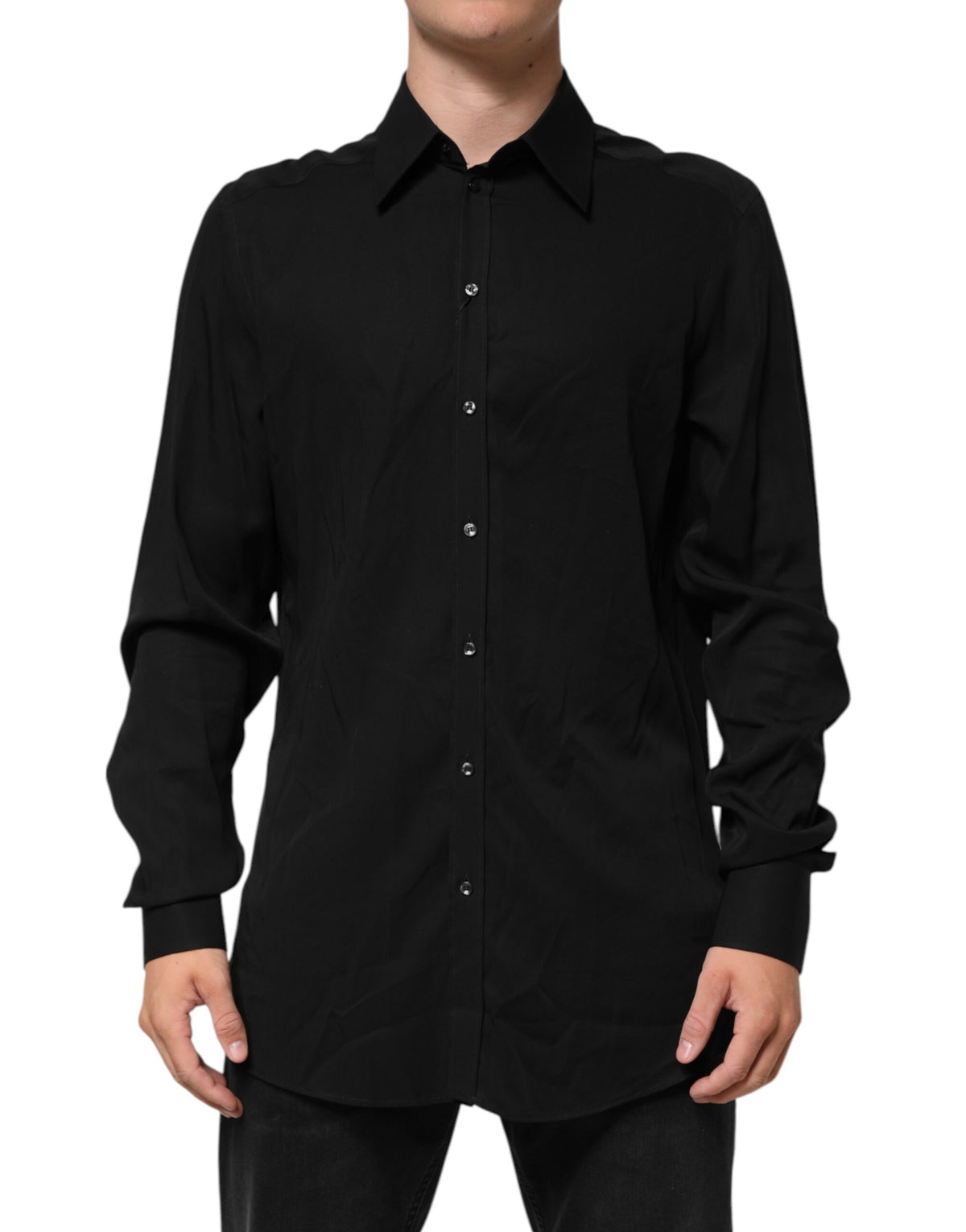 New Dolce & Gabbana Black Viscose Long Sleeve Formal Dress Shirt
