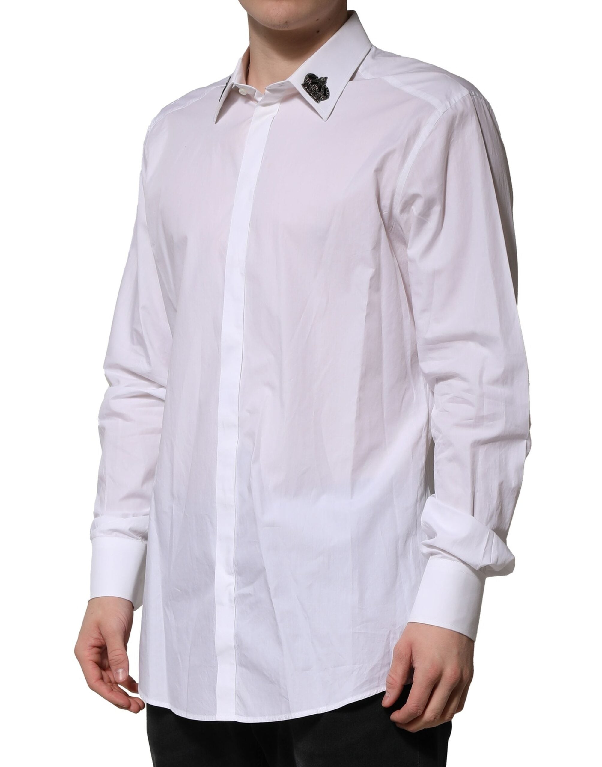 Dolce & Gabbana White Cotton Crown Collar GOLD Formal Shirt