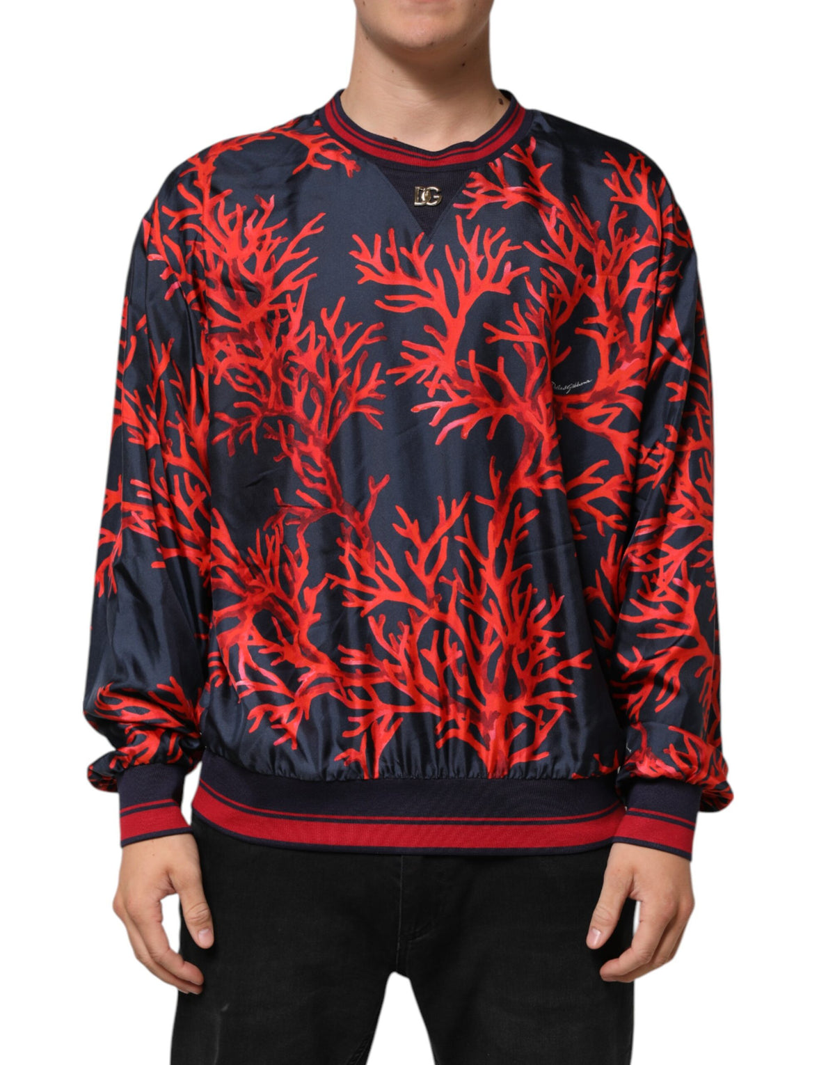 New Dolce & Gabbana Silk Navy Red Coral Print Pullover Sweater