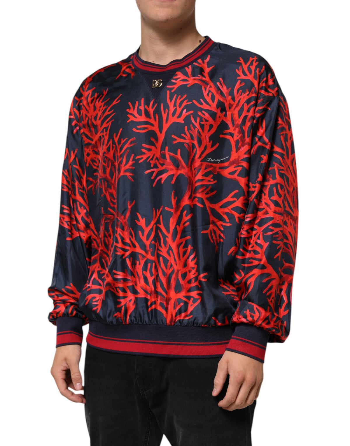 New Dolce & Gabbana Silk Navy Red Coral Print Pullover Sweater