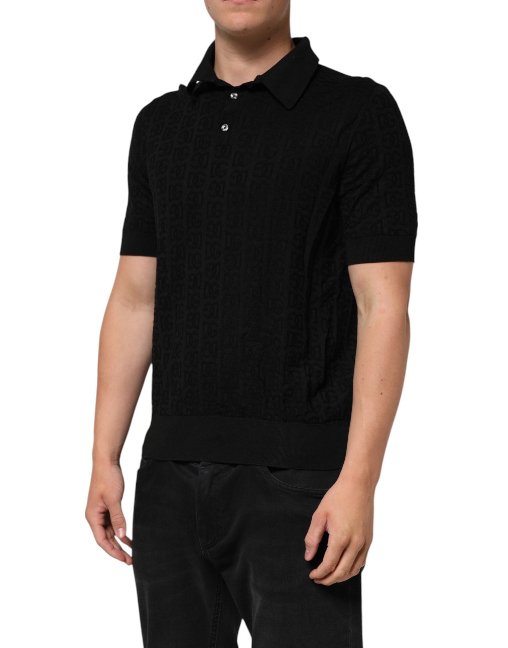 Dolce & Gabbana Black Silk Jacquard DG Polo Shirt T-shirt