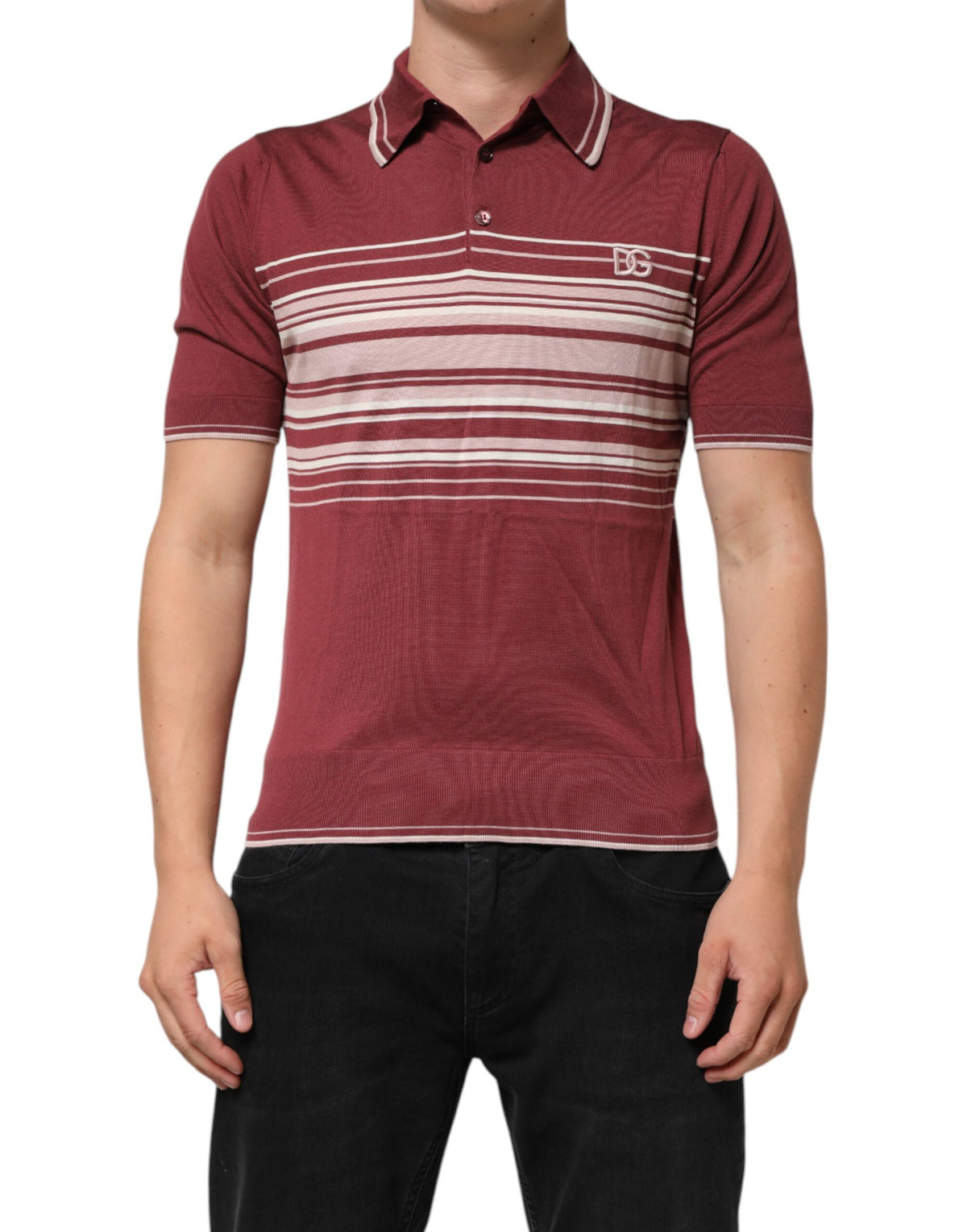 New Dolce & Gabbana Cotton Burgundy Striped DG Logo Polo T-shirt
