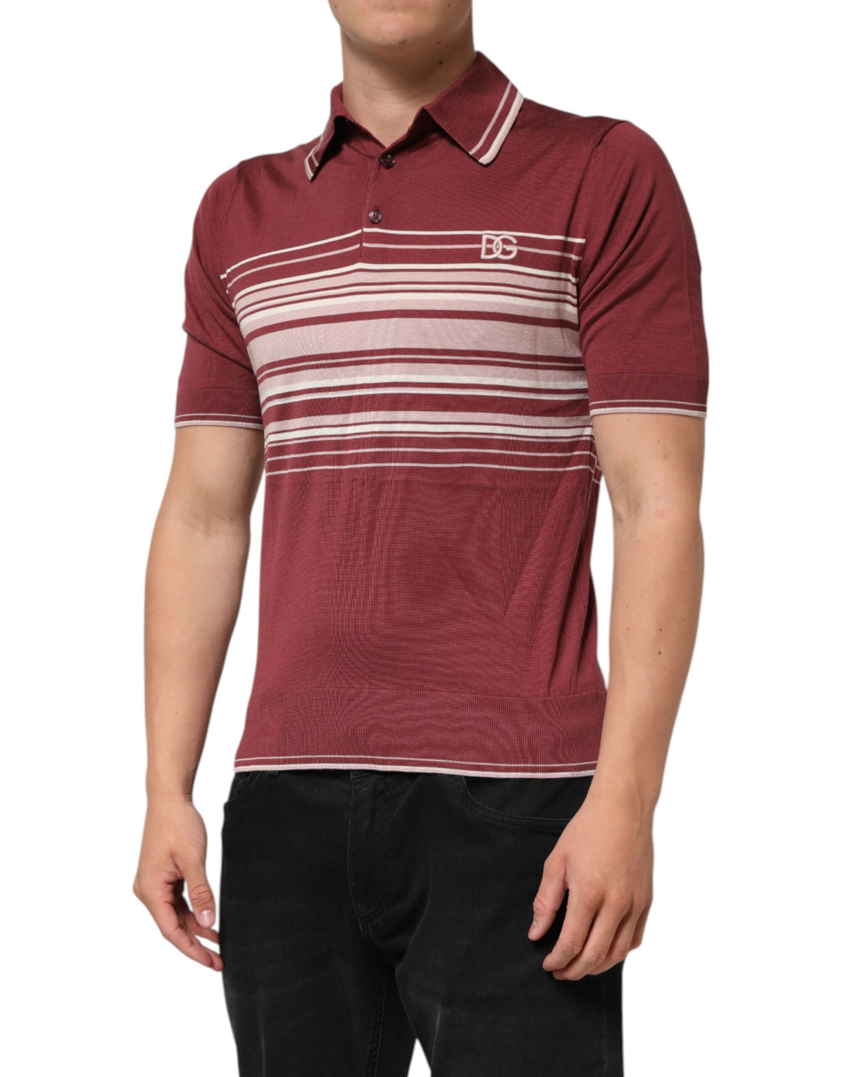 New Dolce & Gabbana Cotton Burgundy Striped DG Logo Polo T-shirt