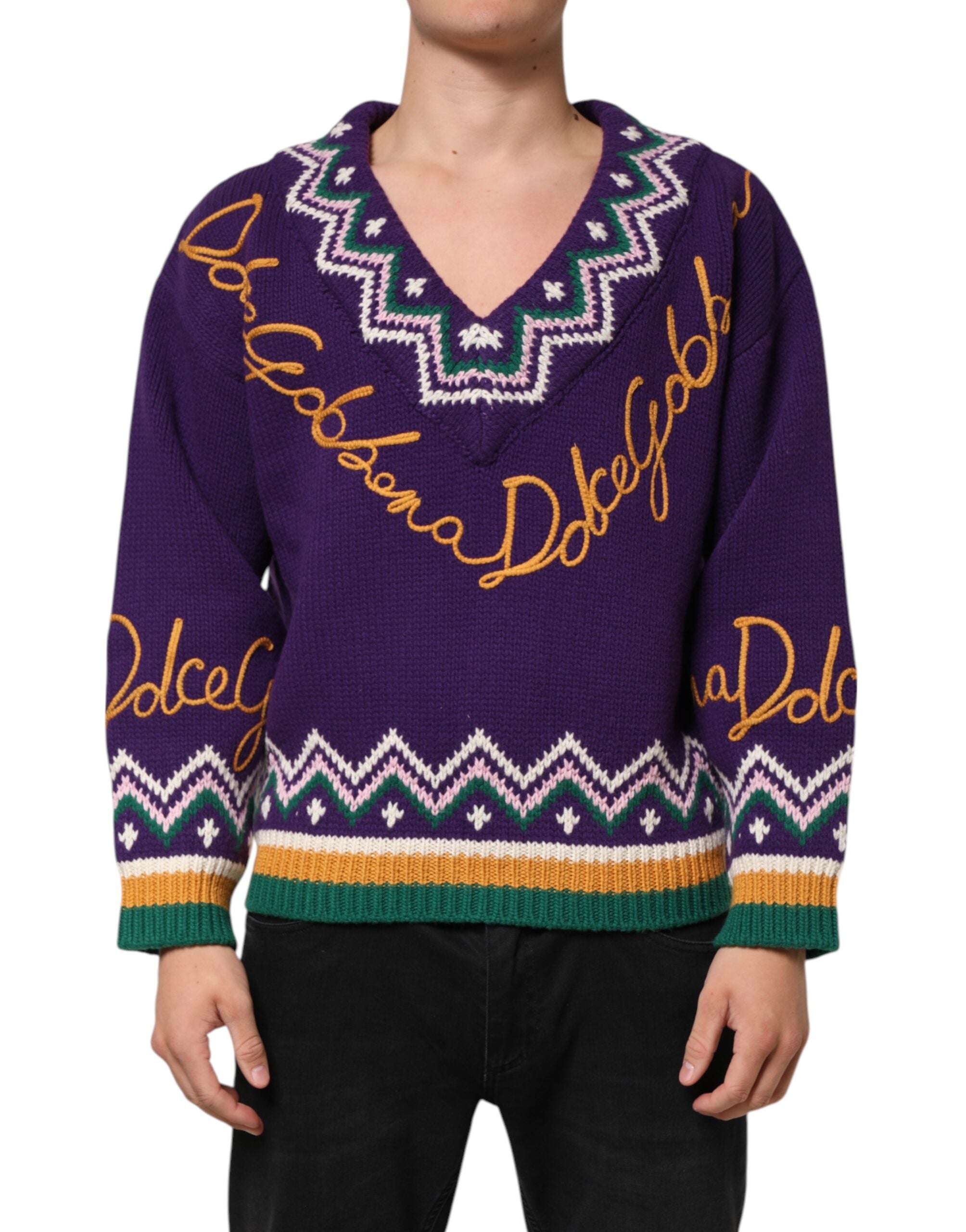 New Dolce & Gabbana Purple Wool DG Logo Men Knit Pullover Sweater