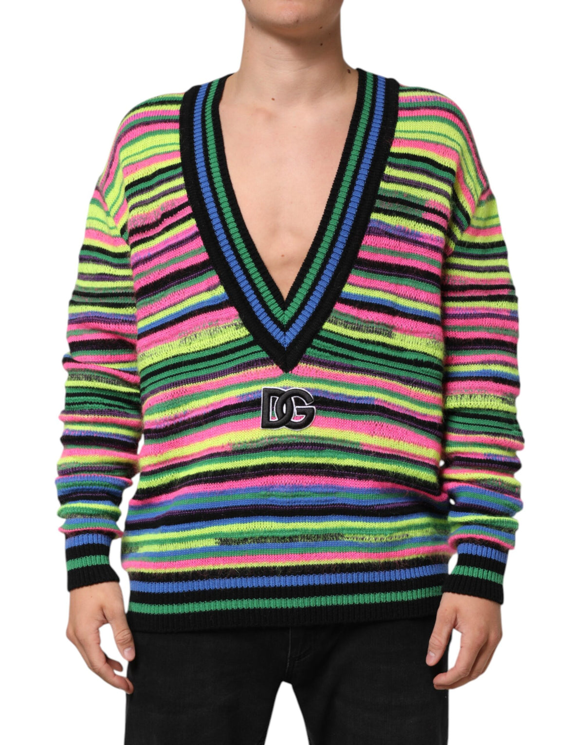 New Dolce & Gabbana Multicolor DG Logo V-Neck Knit Pullover Sweater
