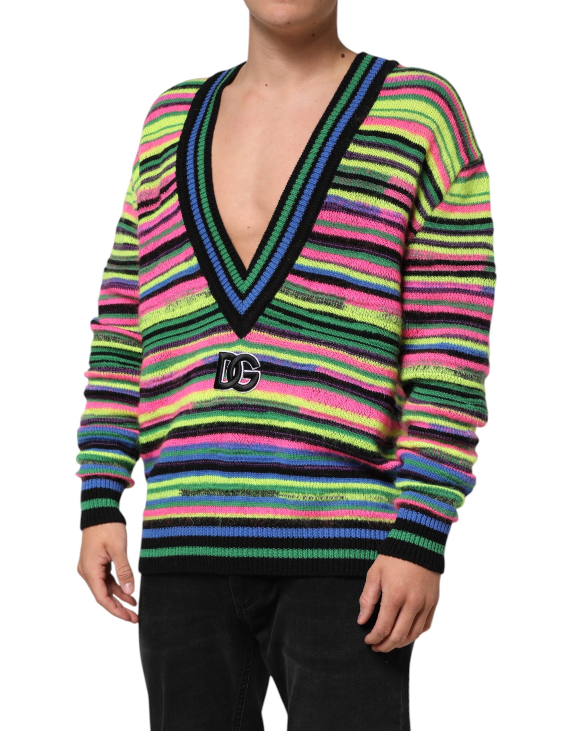 New Dolce & Gabbana Multicolor DG Logo V-Neck Knit Pullover Sweater