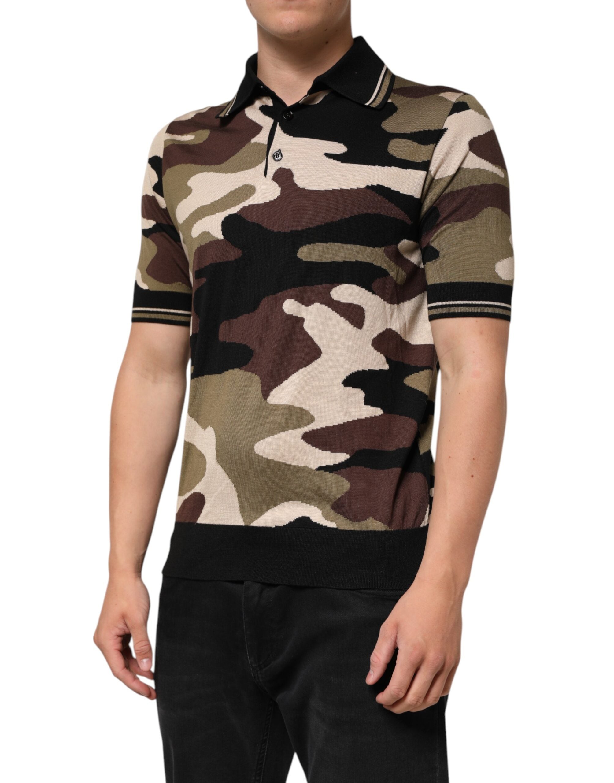 Dolce & Gabbana Camouflage Brown Silk Military Polo T-shirt