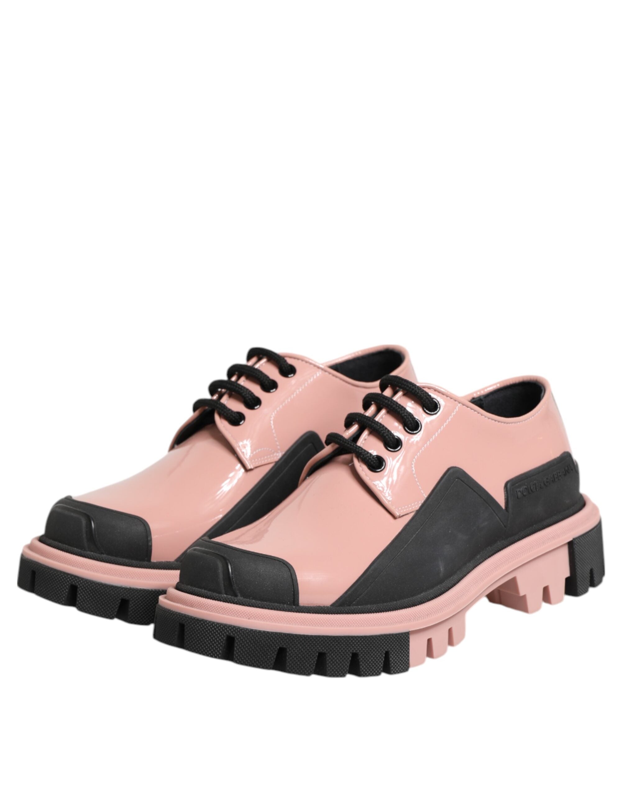 New Dolce & Gabbana Light Powder Pink Black Leather Lace-Up Shoes