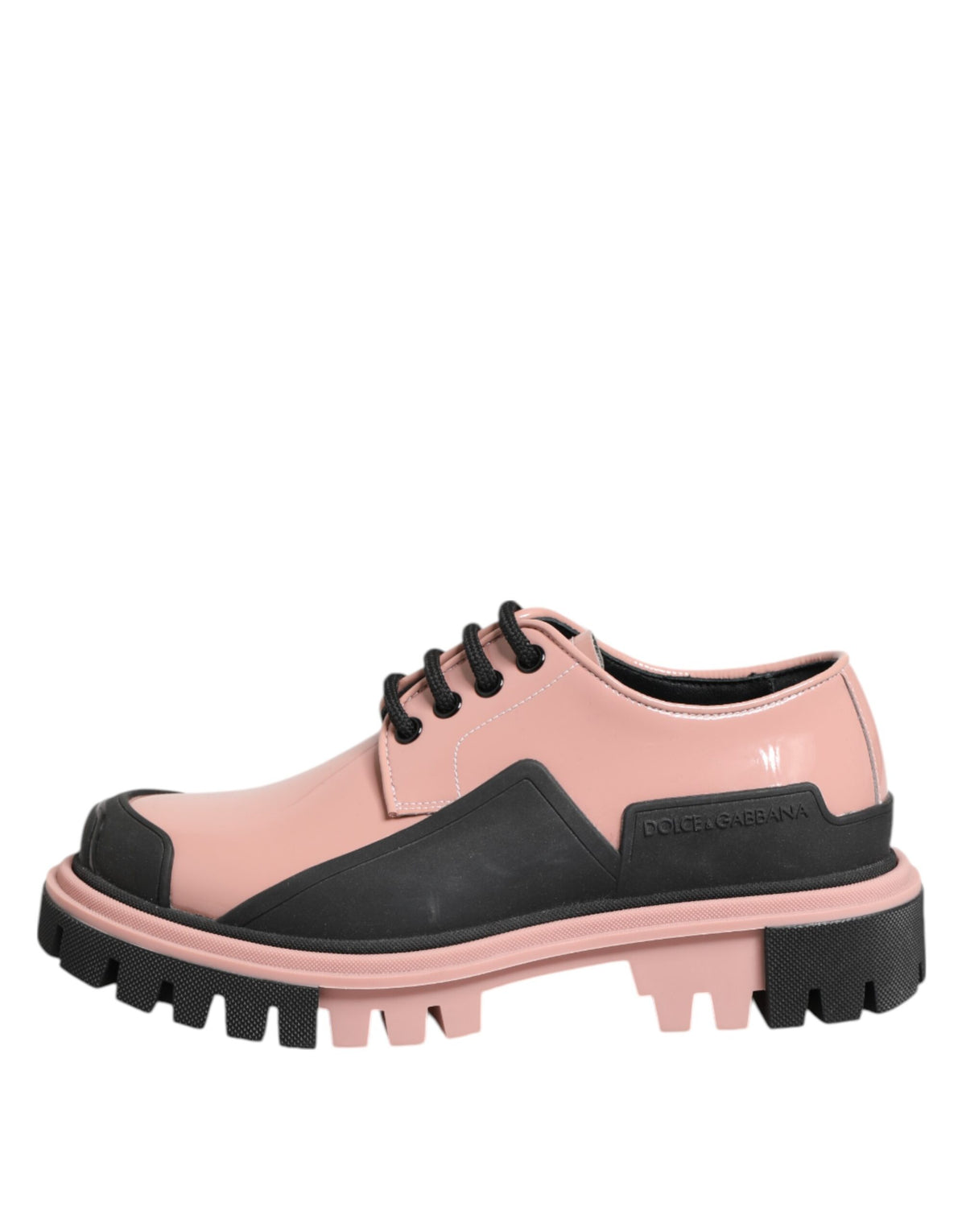 New Dolce & Gabbana Light Powder Pink Black Leather Lace-Up Shoes