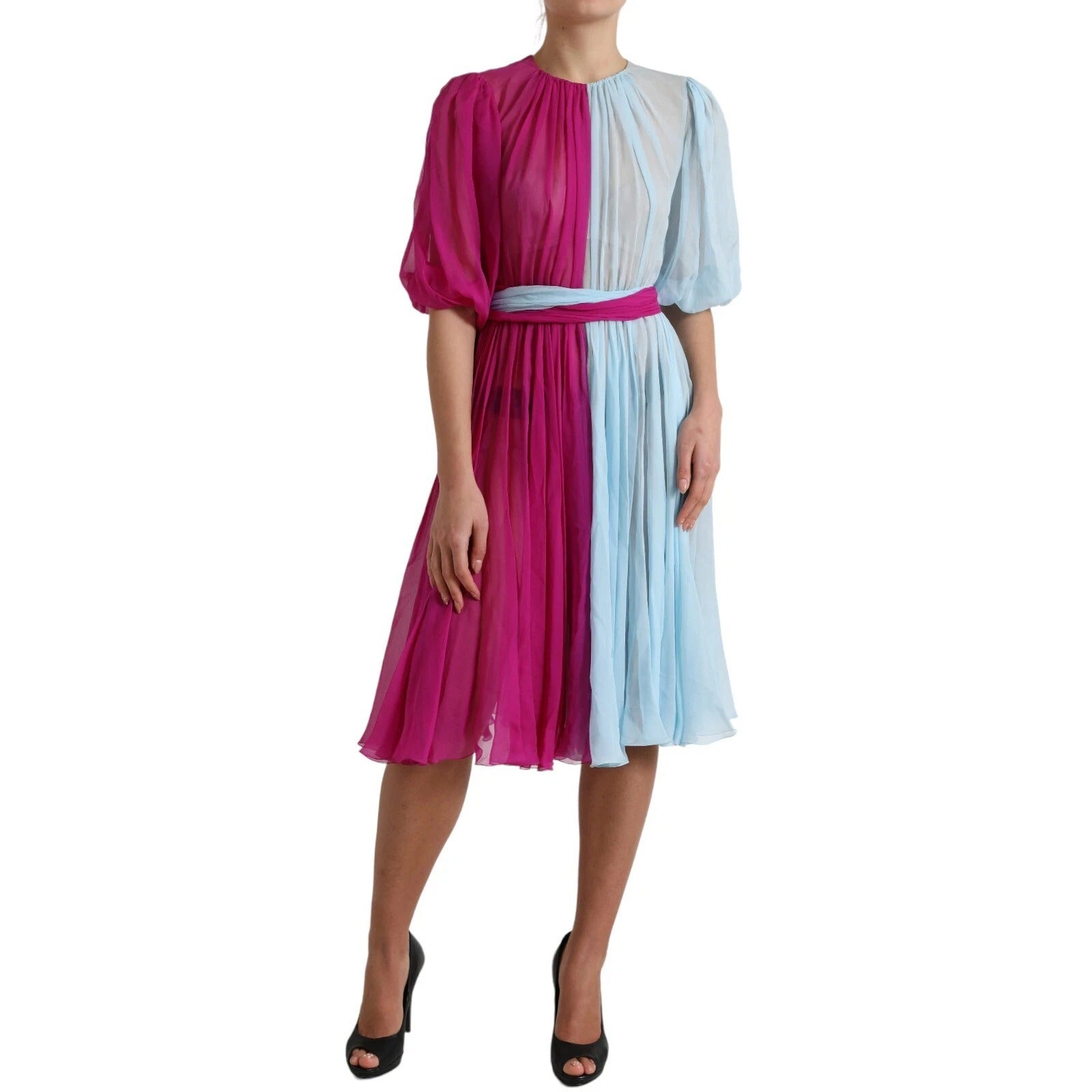 Pre-Owned Dolce & Gabbana Light Blue Silk Two Tone Midi Dress