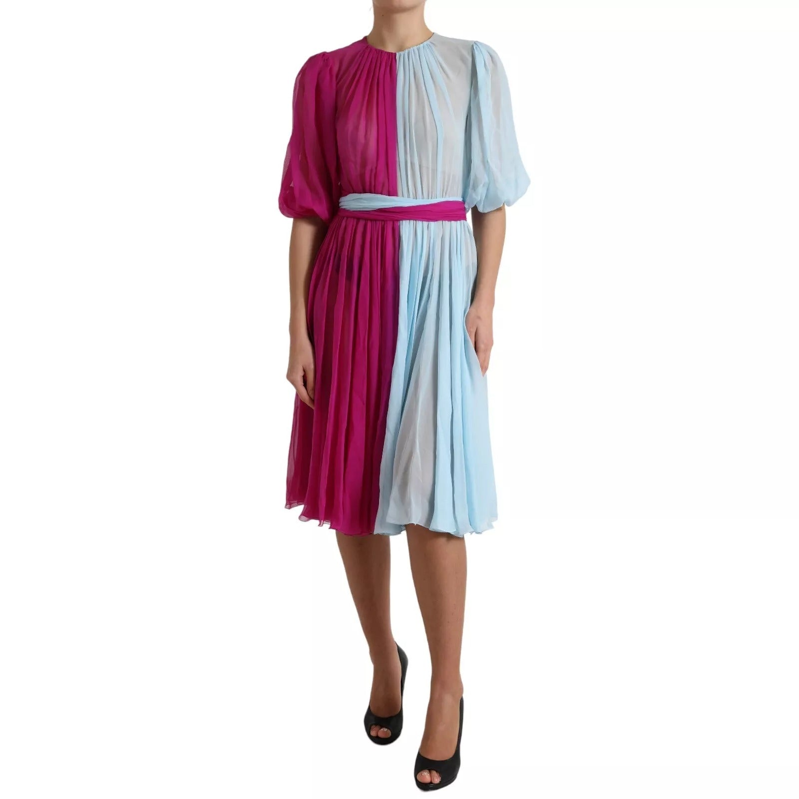 Pre-Owned Dolce & Gabbana Light Blue Silk Two Tone Midi Dress
