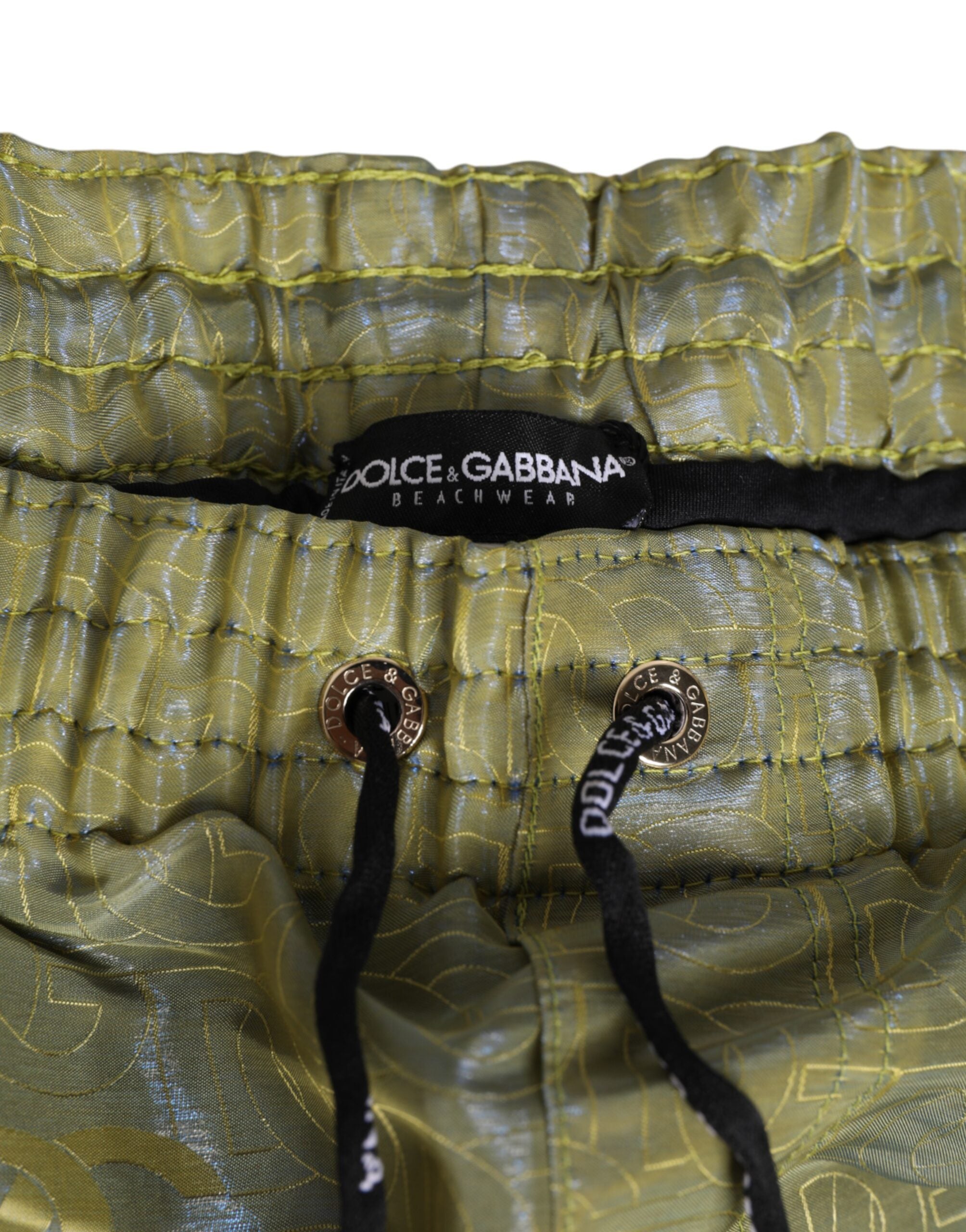 New Dolce & Gabbana Green Metallic Logo Print Men Swimwear
