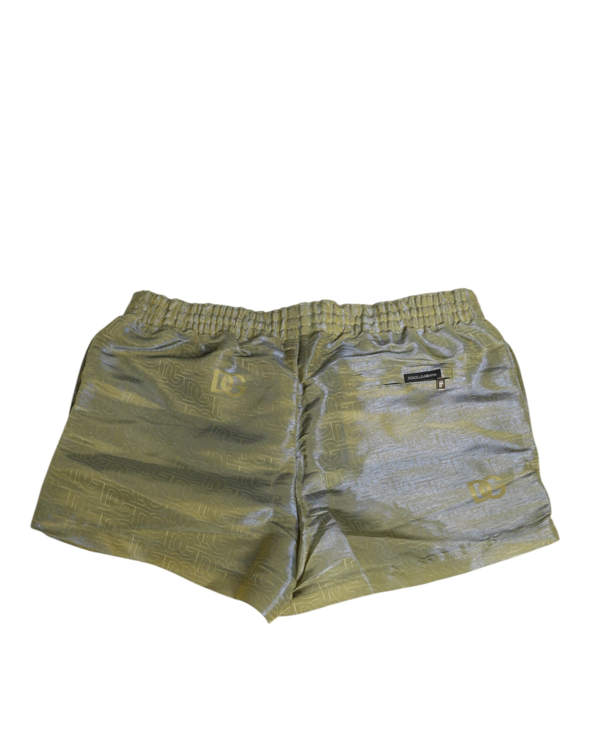 New Dolce & Gabbana Green Metallic Logo Print Men Swimwear
