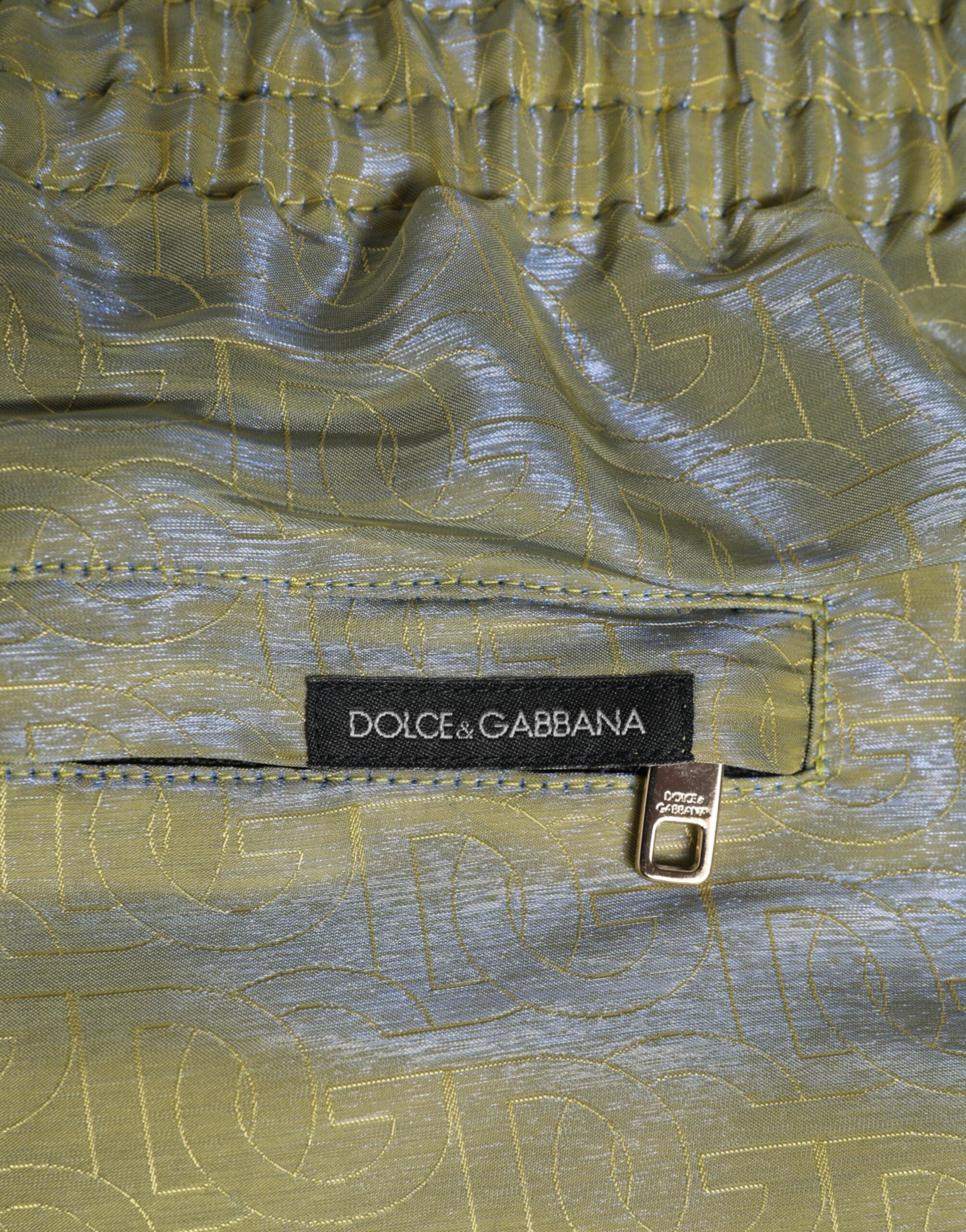 New Dolce & Gabbana Green Metallic Logo Print Men Swimwear