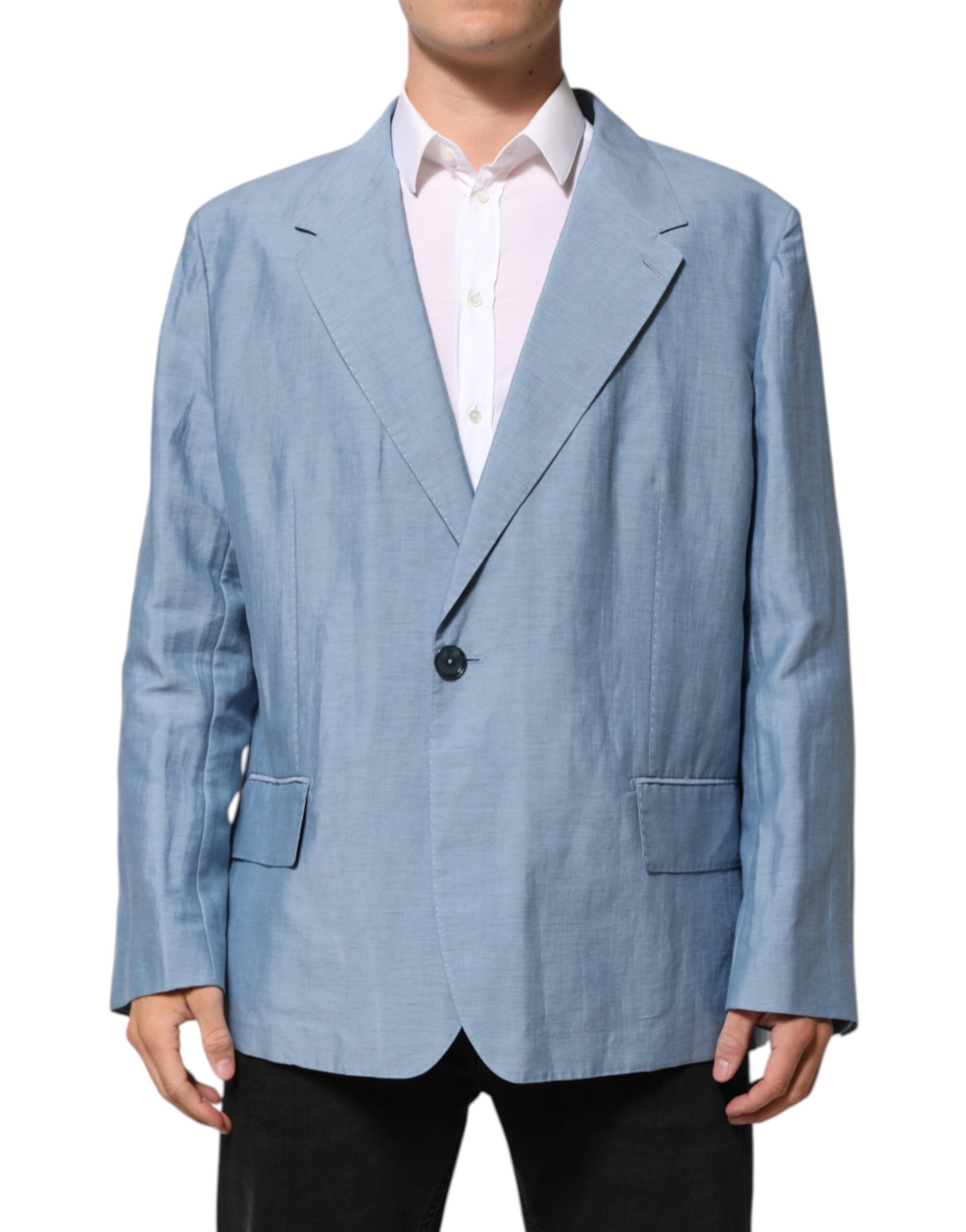 Dolce & Gabbana Light Blue Linen Double Breasted Men Jacket Blazer