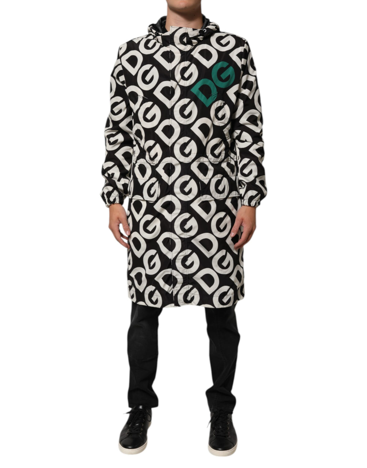 New Dolce & Gabbana Black White Logo Print Hooded Coat Men Jacket