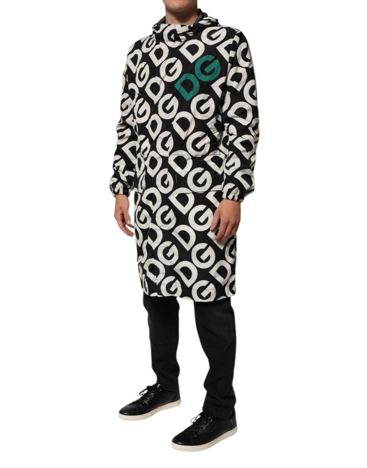 New Dolce & Gabbana Black White Logo Print Hooded Coat Men Jacket