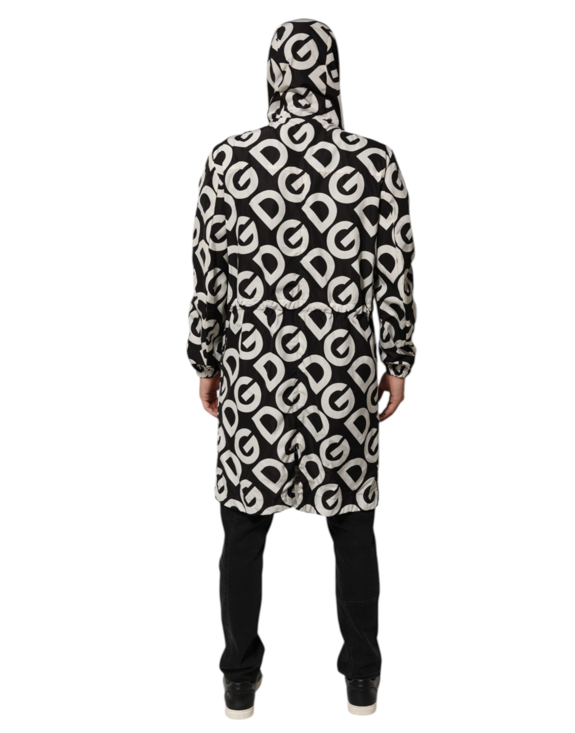 New Dolce & Gabbana Black White Logo Print Hooded Coat Men Jacket