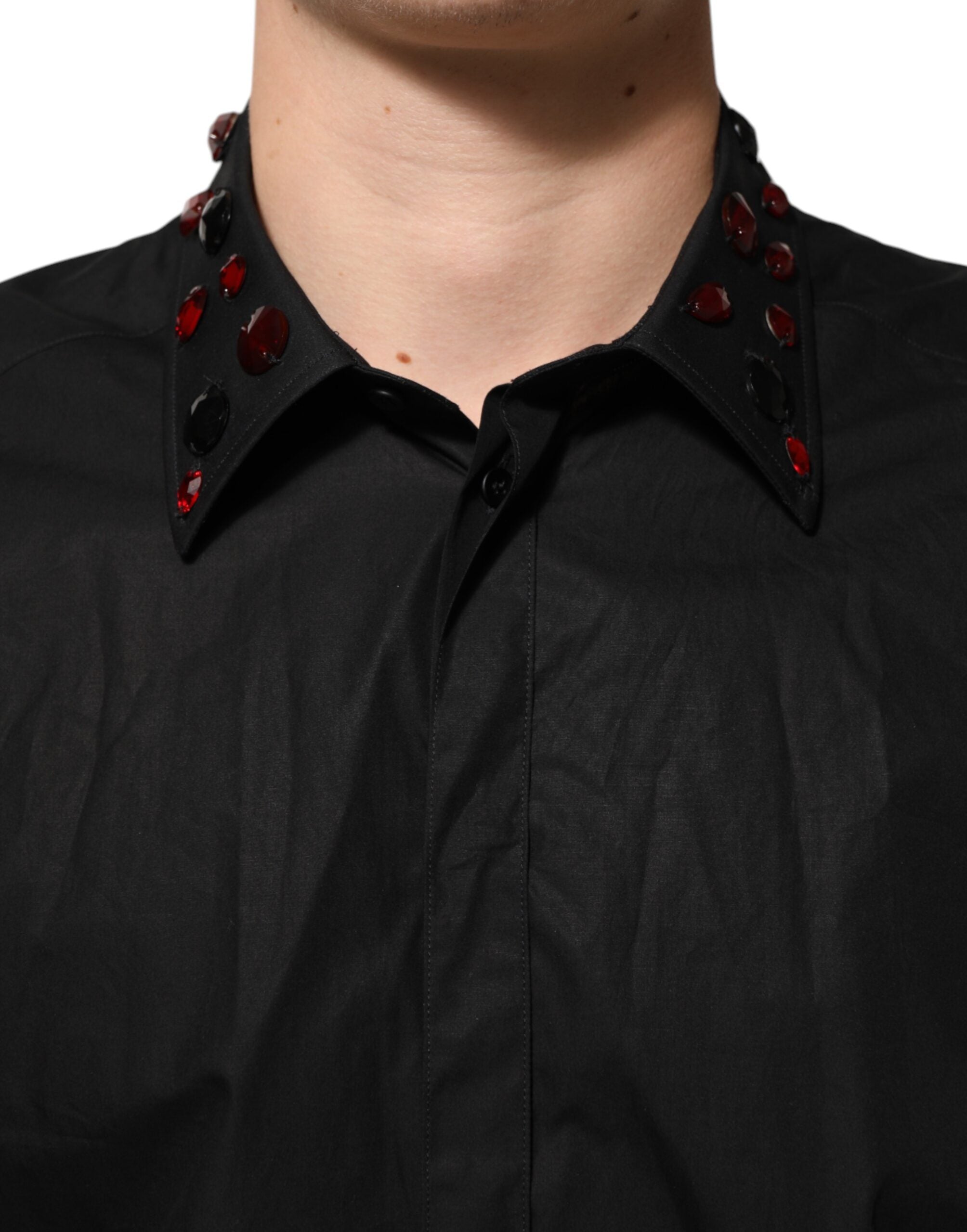 New Dolce & Gabbana Black Cotton Embellished Collar Men’s Shirt