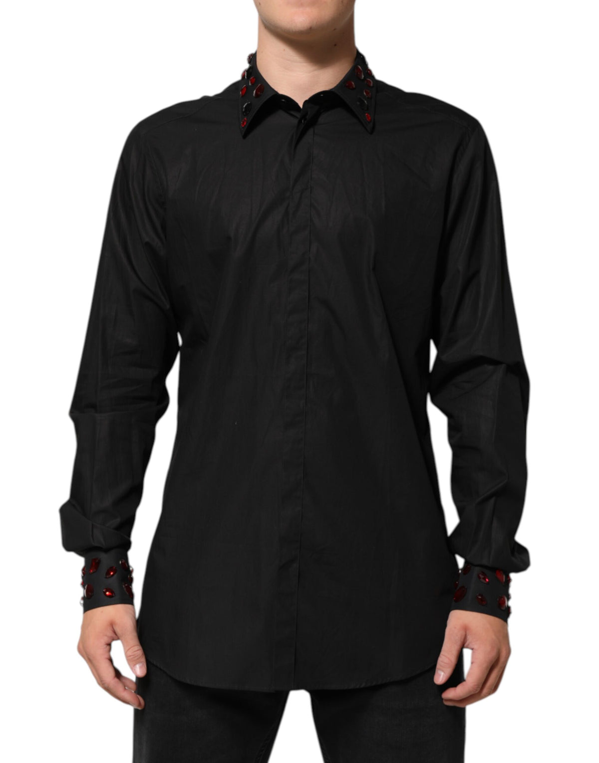 New Dolce & Gabbana Black Cotton Embellished Collar Men’s Shirt