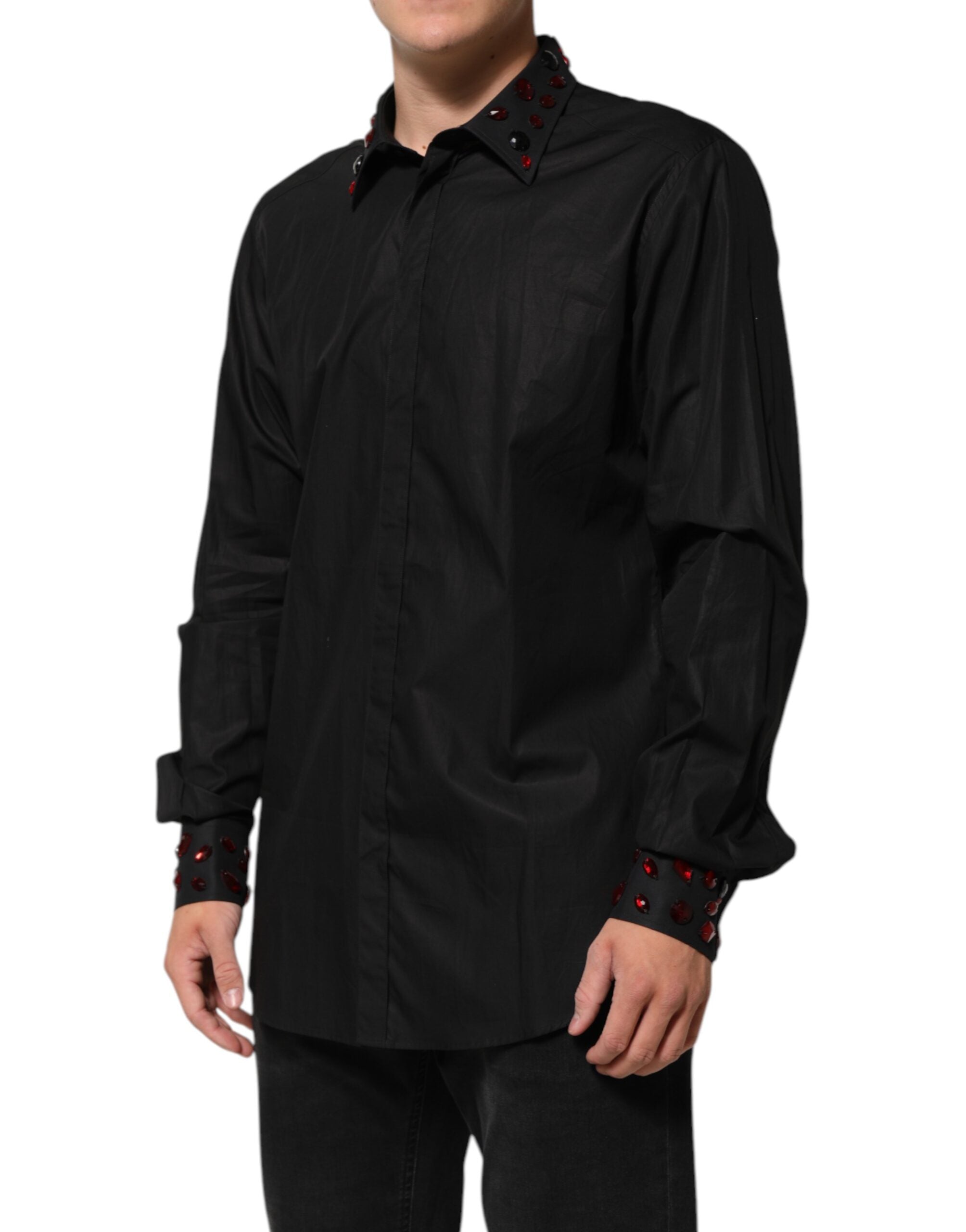 New Dolce & Gabbana Black Cotton Embellished Collar Men’s Shirt