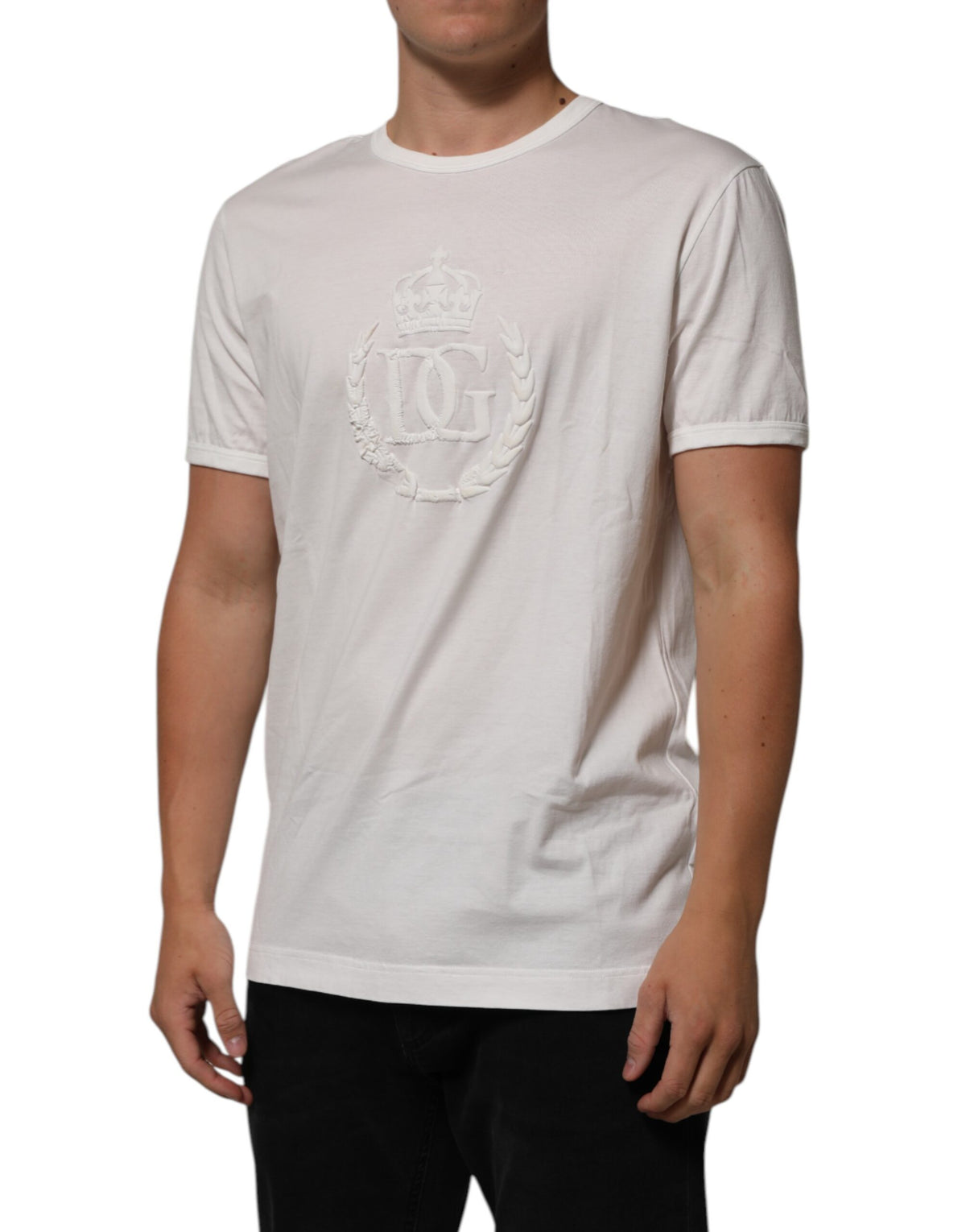 Dolce & Gabbana White Cotton DG Crown Embossed Men T-shirt