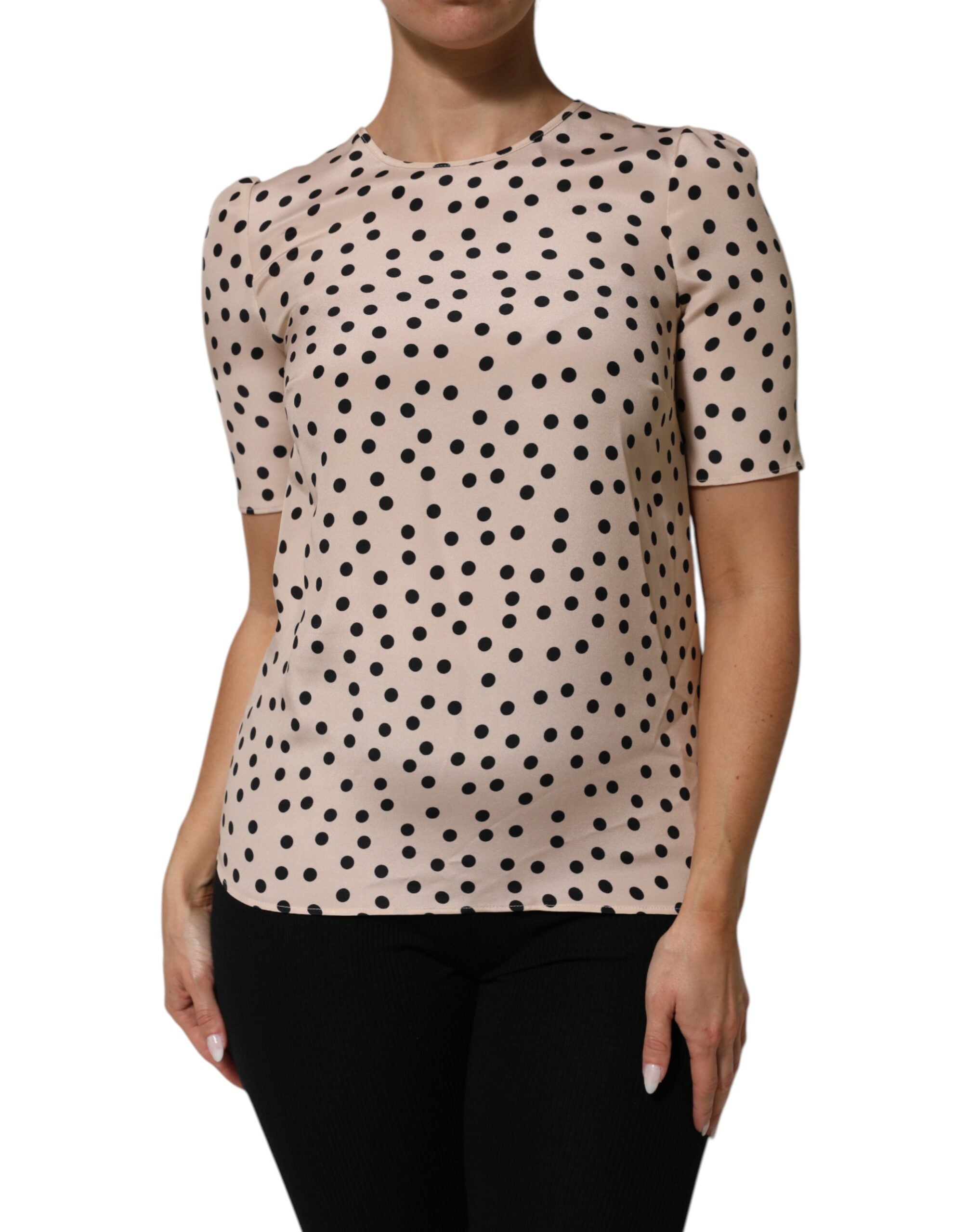 New Dolce & Gabbana Beige Black Polka Dot Silk Short Sleeve Blouse Top