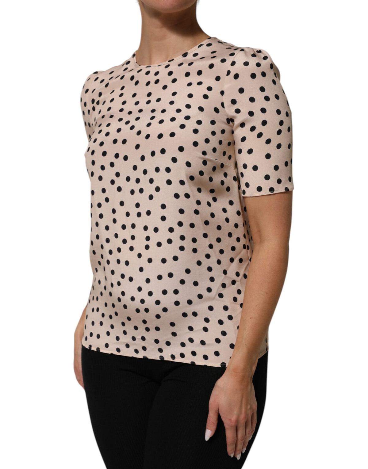 New Dolce & Gabbana Beige Black Polka Dot Silk Short Sleeve Blouse Top