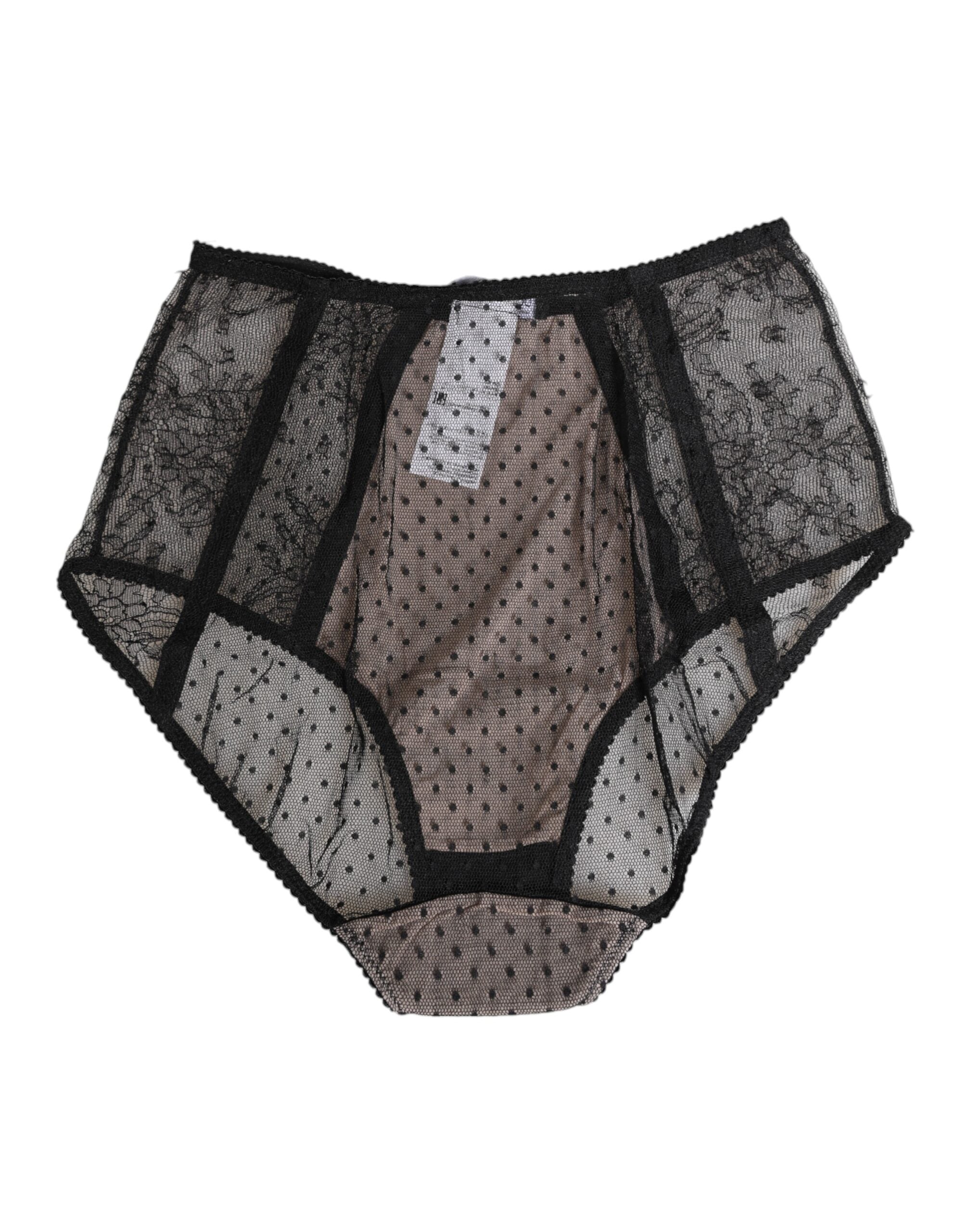 New Dolce & Gabbana Black Sheer Polka Dot Lace High Waist Underwear