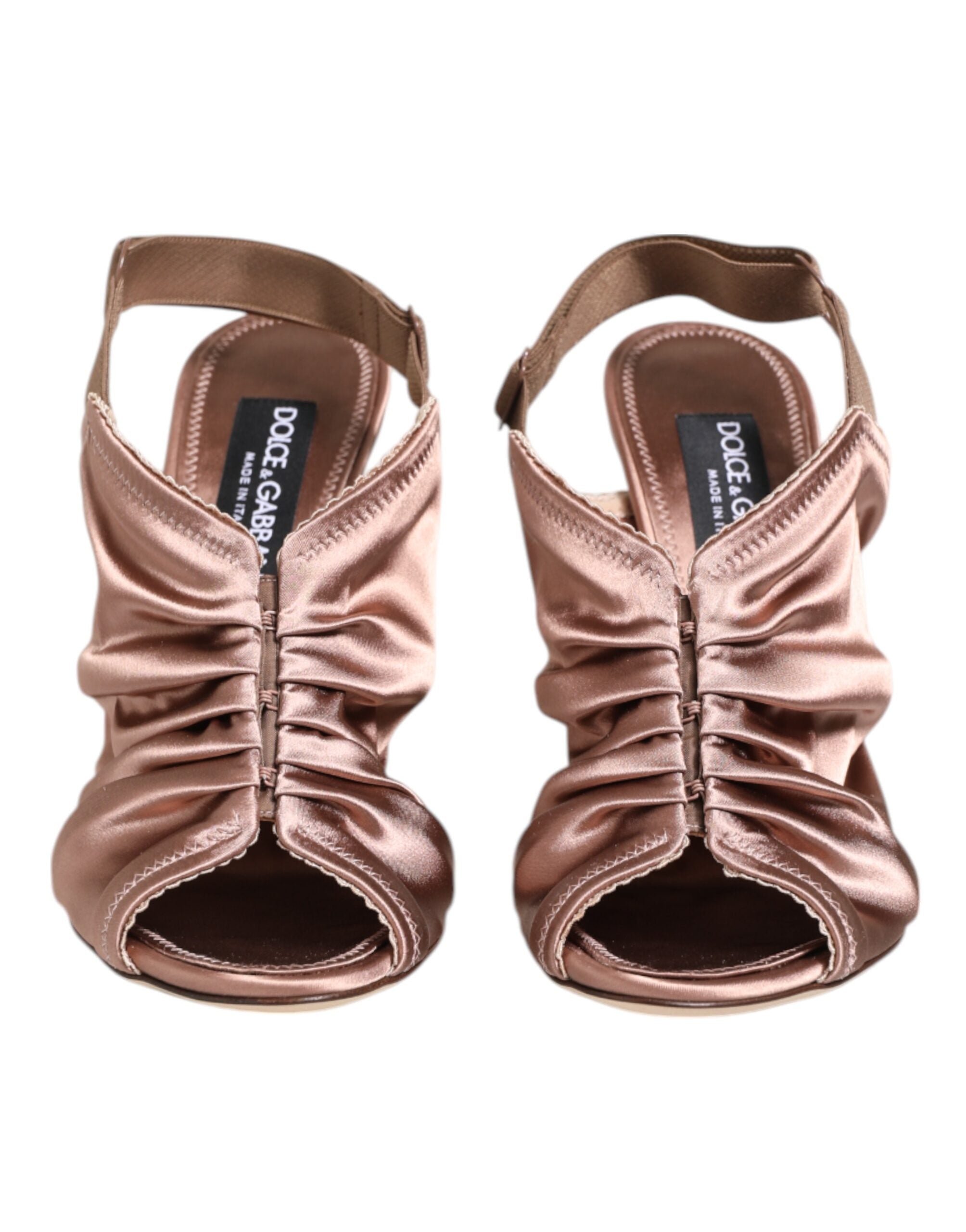 New Dolce & Gabbana Bronze Satin Ruched Slingback Sandals Shoes