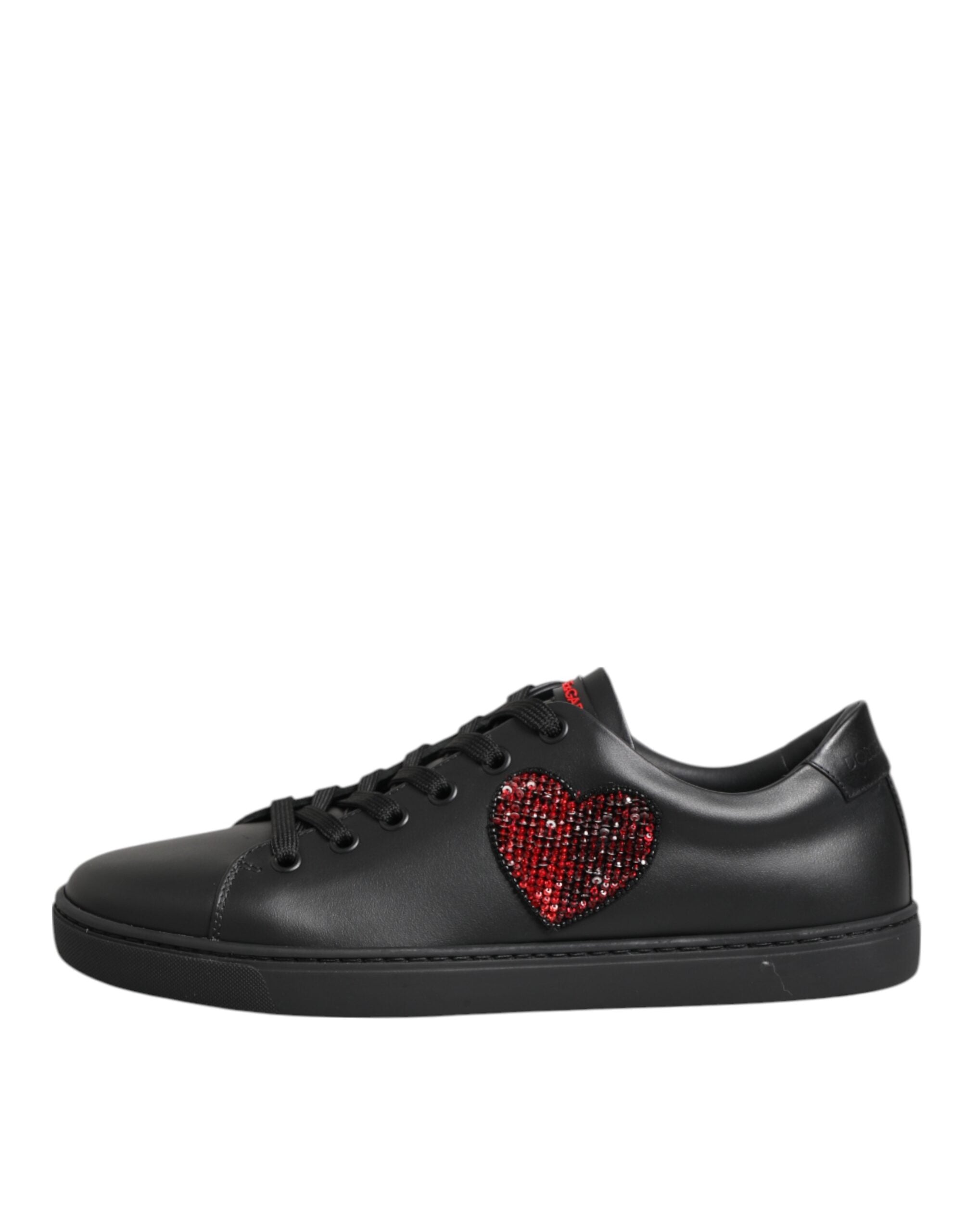New Dolce & Gabbana Black Leather Crystal Heart Low Top Sneakers Shoes