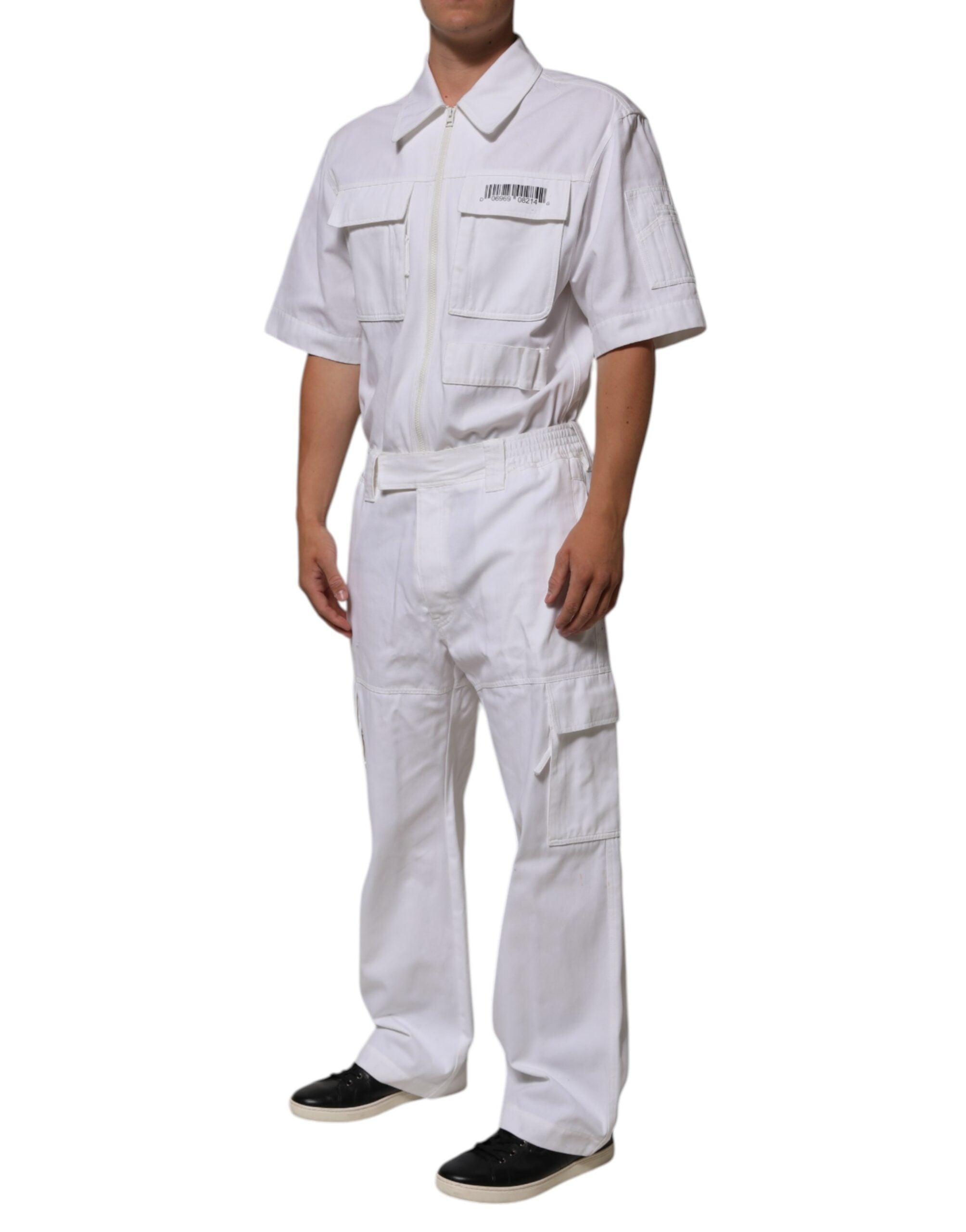 Dolce & Gabbana White Barcode Patch Utility Zip Jumpsuit Pants