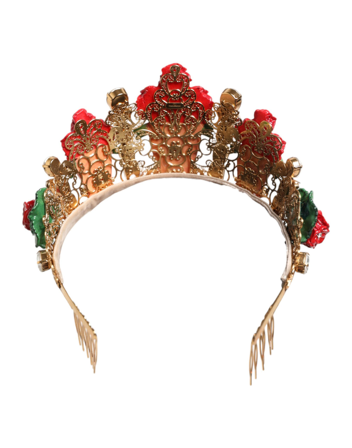 New Dolce & Gabbana Red Floral Flowerpot Crystal Gold Crown Tiara Headband