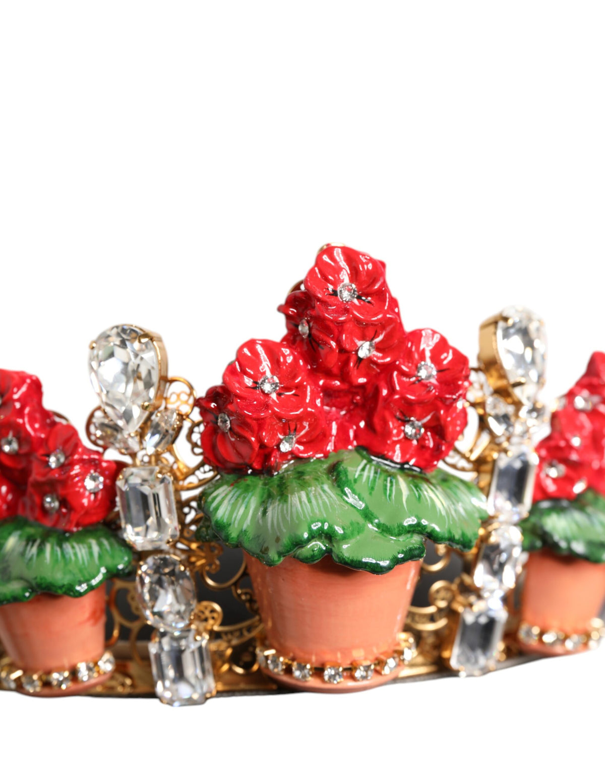 New Dolce & Gabbana Red Floral Flowerpot Crystal Gold Crown Tiara Headband
